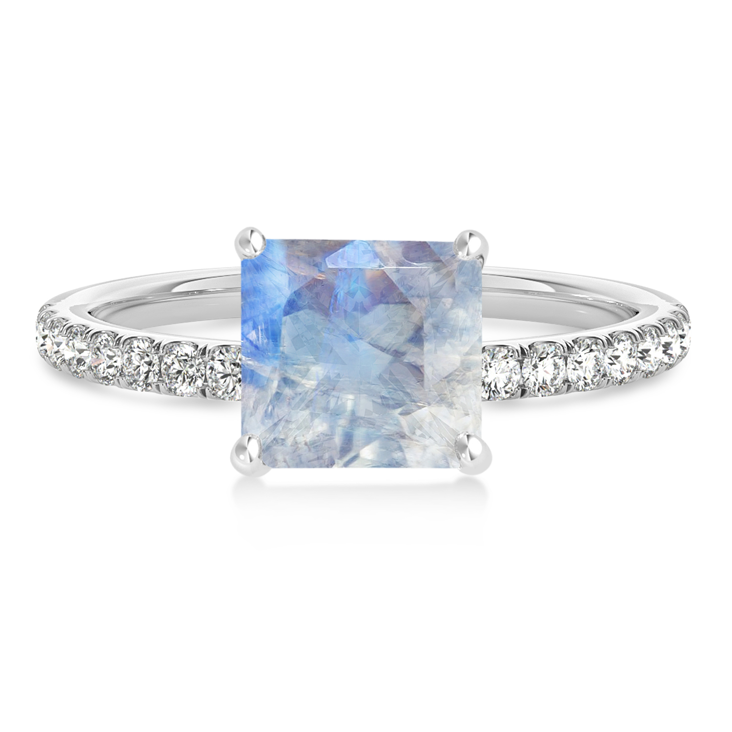 Princess Moonstone & Diamond Single Row Hidden Halo Engagement Ring 18k White Gold (0.81ct)