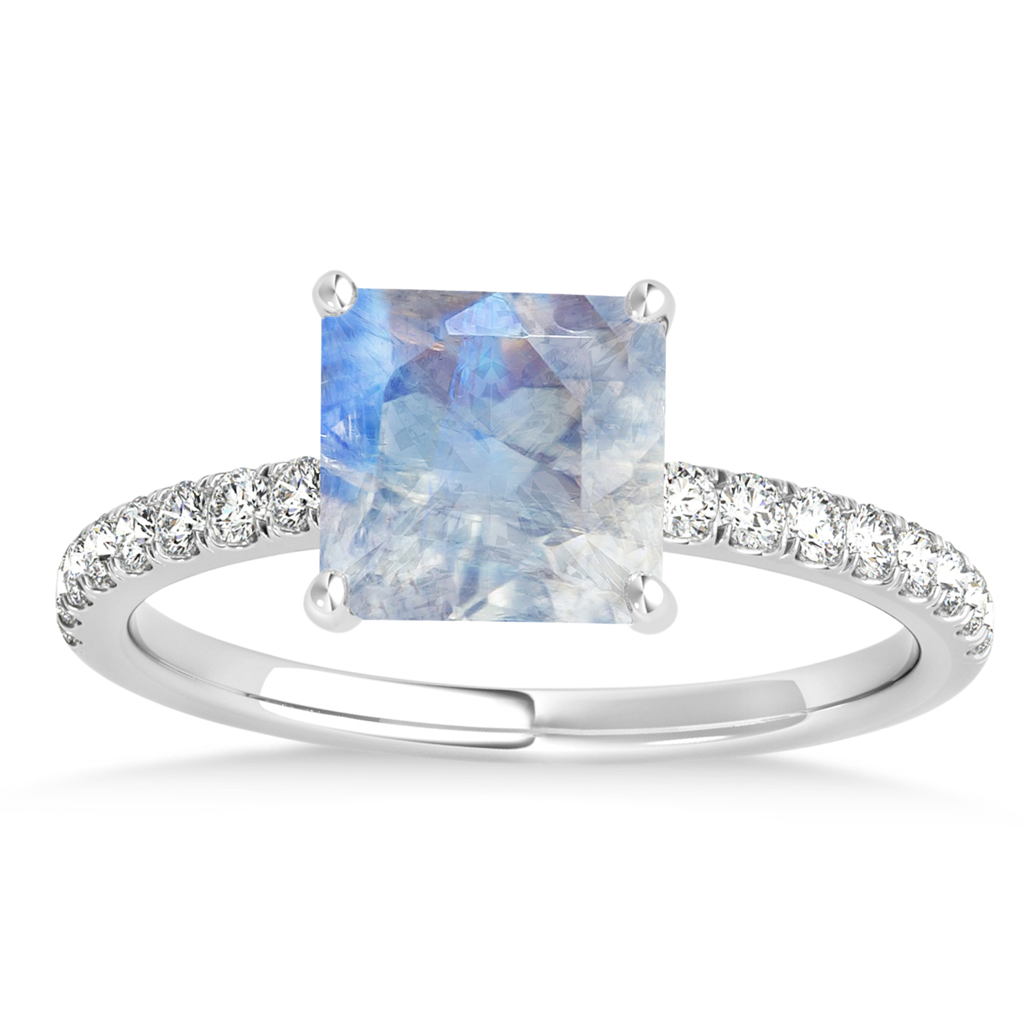 Princess Moonstone & Diamond Single Row Hidden Halo Engagement Ring 18k White Gold (0.81ct)