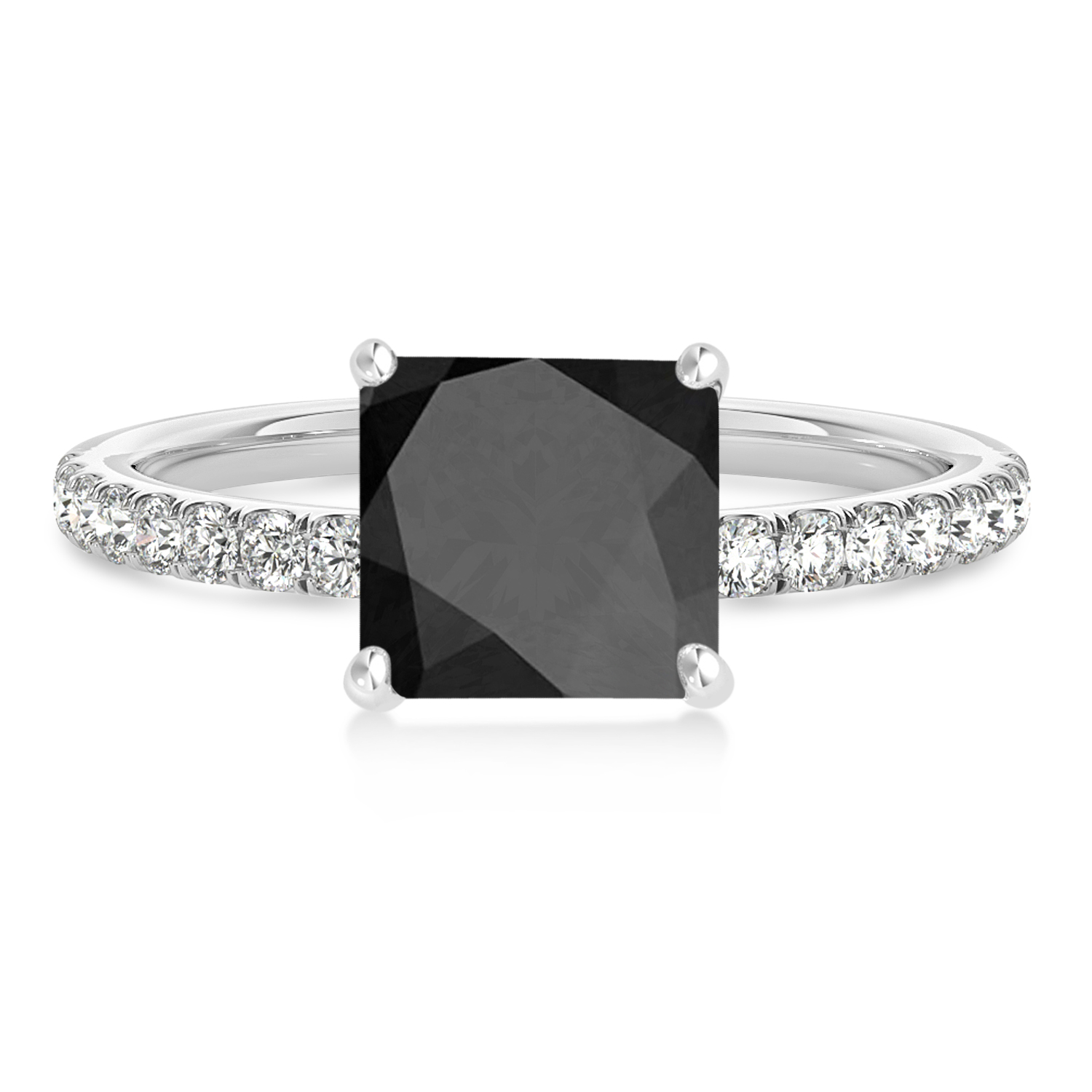 Princess Onyx & Diamond Single Row Hidden Halo Engagement Ring 18k White Gold (0.81ct)