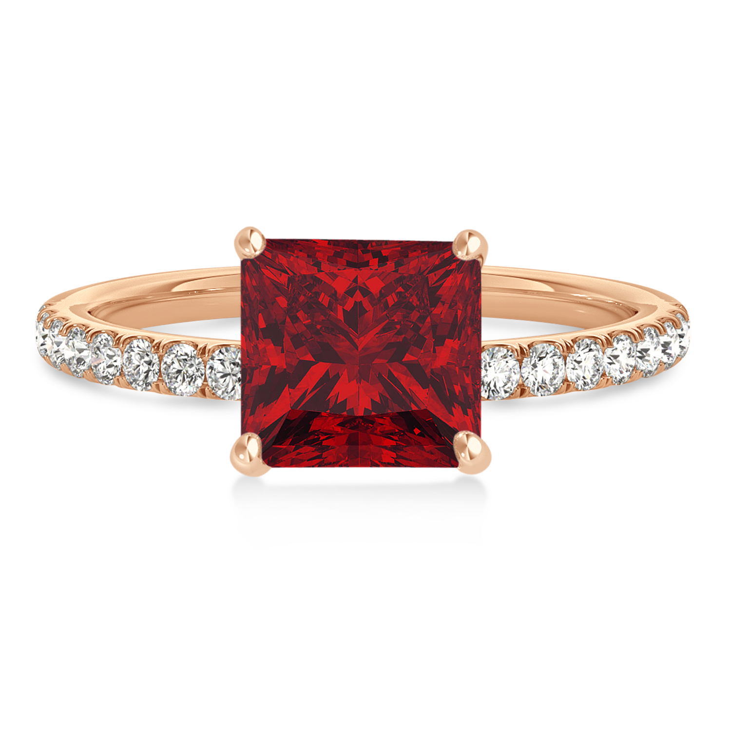 Princess Ruby & Diamond Single Row Hidden Halo Engagement Ring 14k Rose Gold (0.81ct)