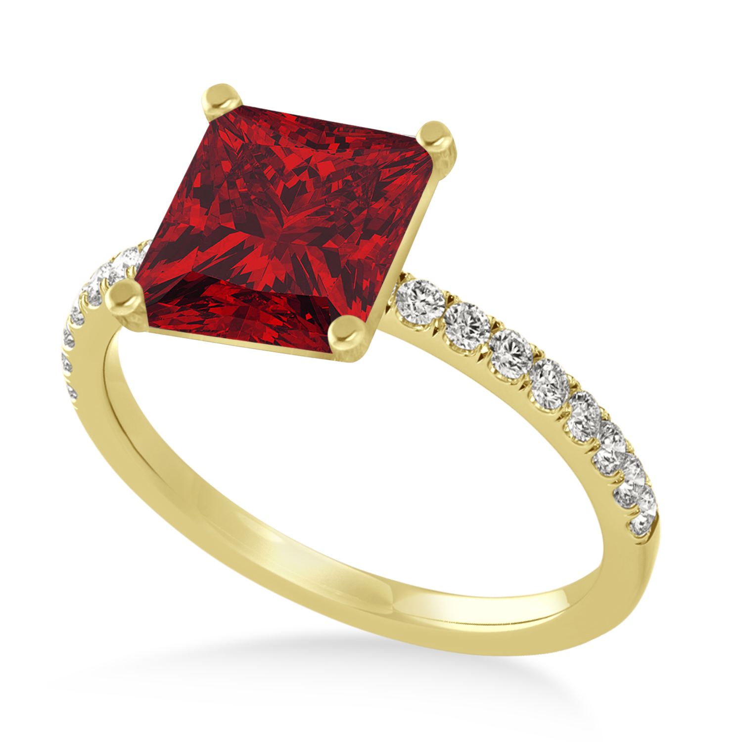 Princess Ruby & Diamond Single Row Hidden Halo Engagement Ring 14k Yellow Gold (0.81ct)