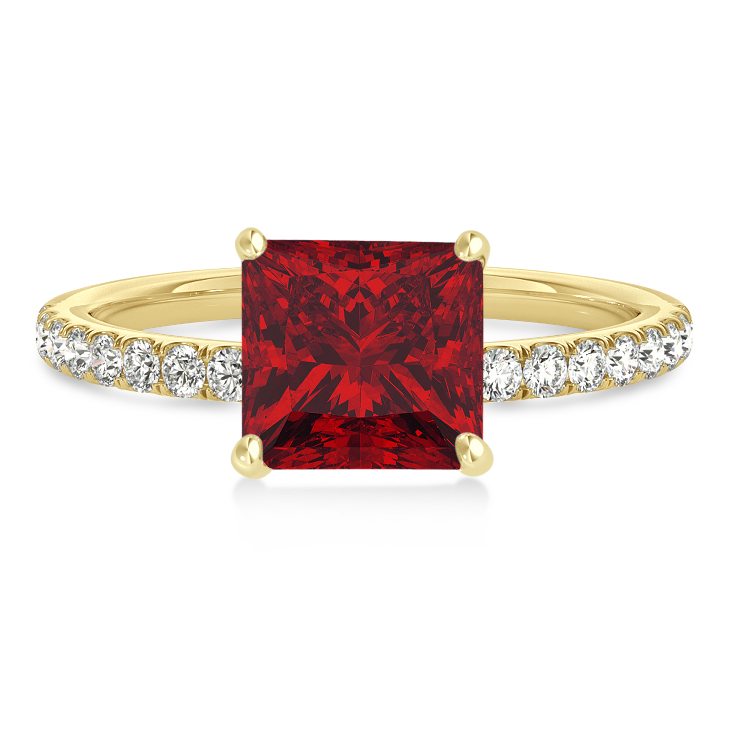 Princess Ruby & Diamond Single Row Hidden Halo Engagement Ring 18k Yellow Gold (0.81ct)