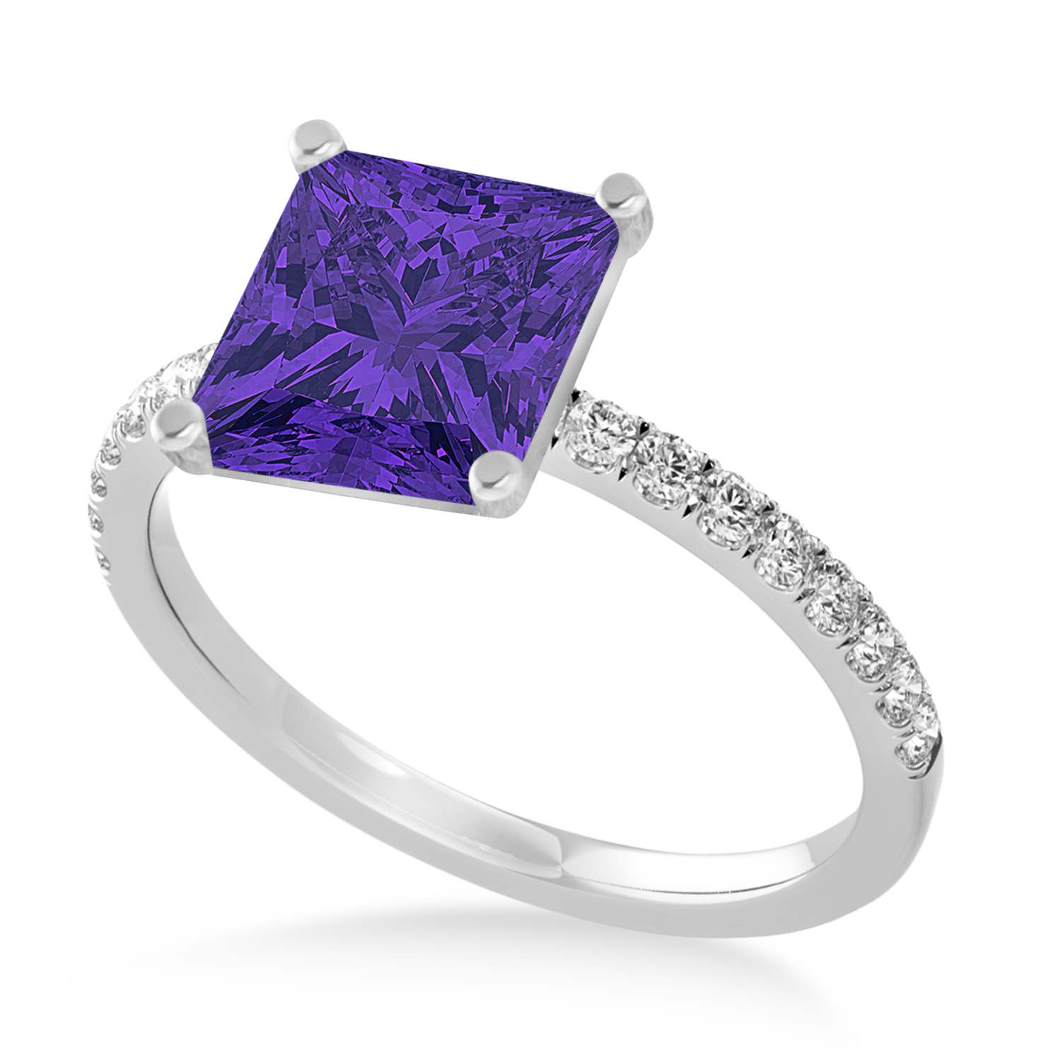 Princess Tanzanite & Diamond Single Row Hidden Halo Engagement Ring 18k White Gold (0.81ct)