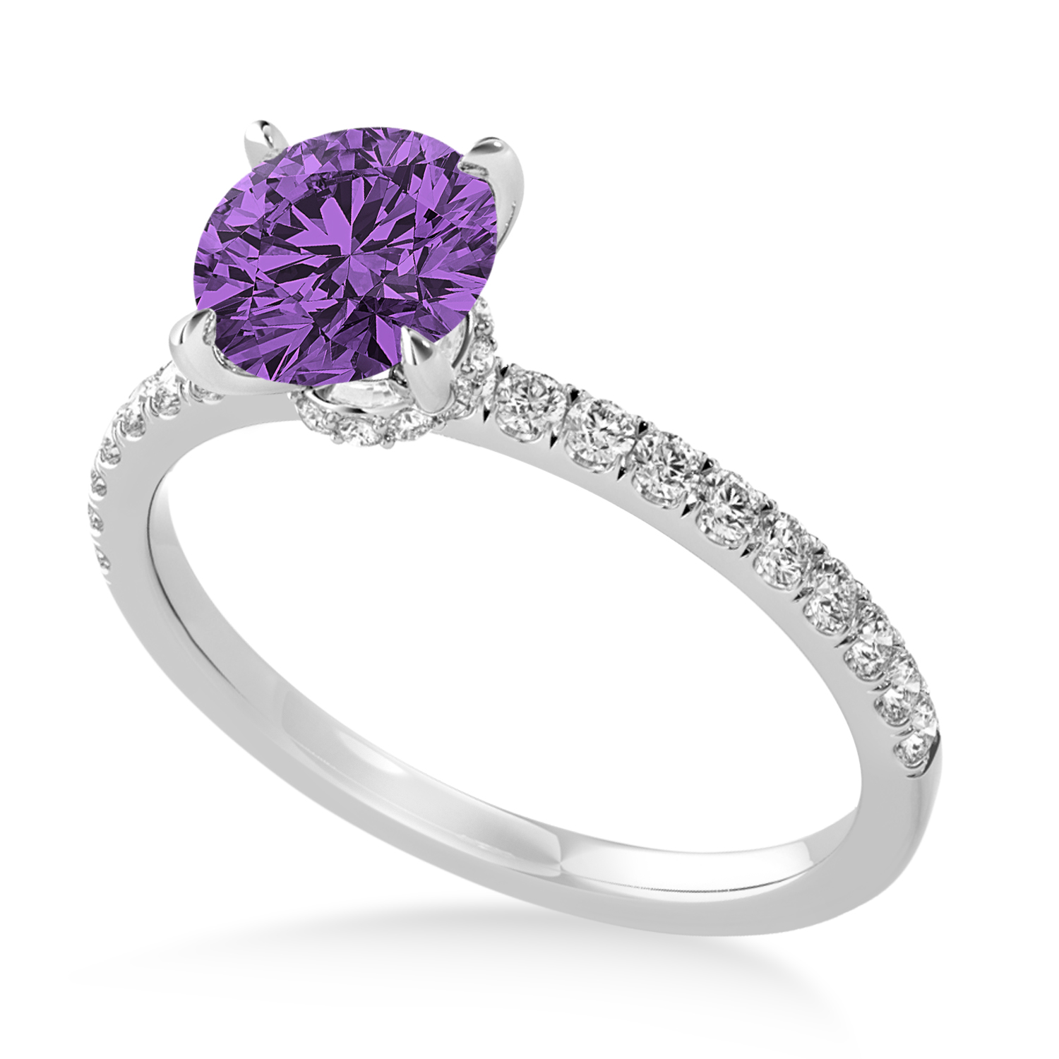 Round Amethyst & Diamond Single Row Hidden Halo Engagement Ring 14k White Gold (1.25ct)