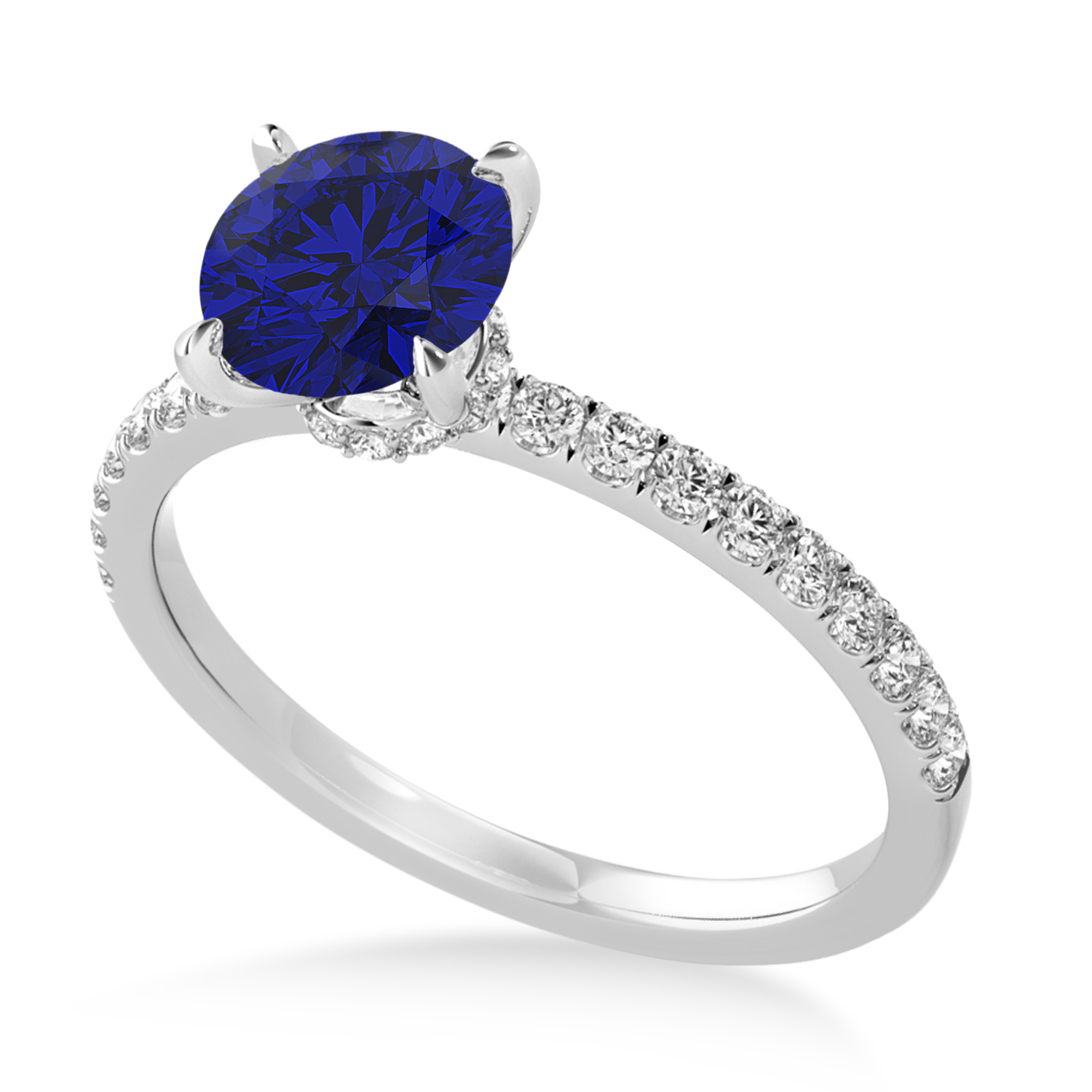 Round Blue Sapphire & Diamond Single Row Hidden Halo Engagement Ring Platinum (1.25ct)