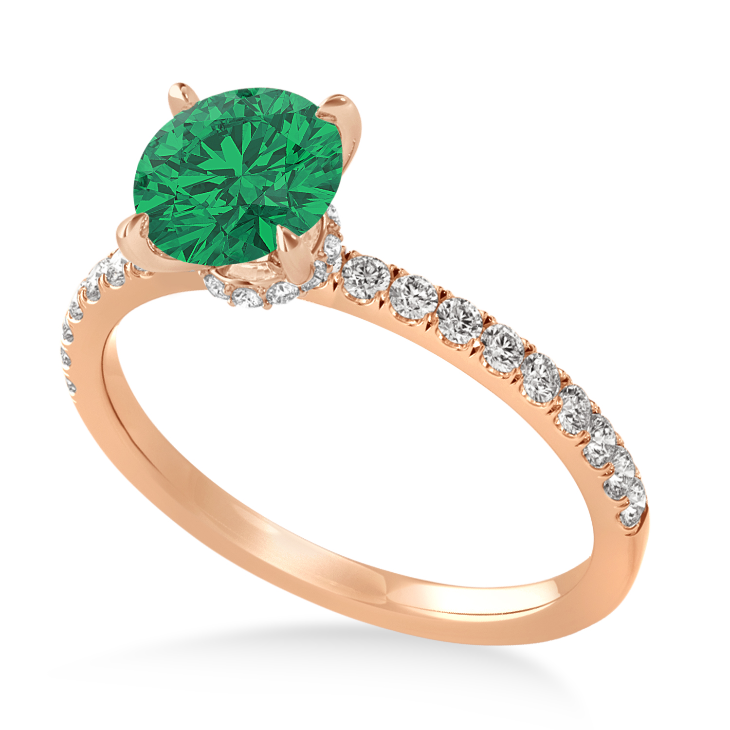 Round Emerald & Diamond Single Row Hidden Halo Engagement Ring 18k Rose Gold (1.25ct)