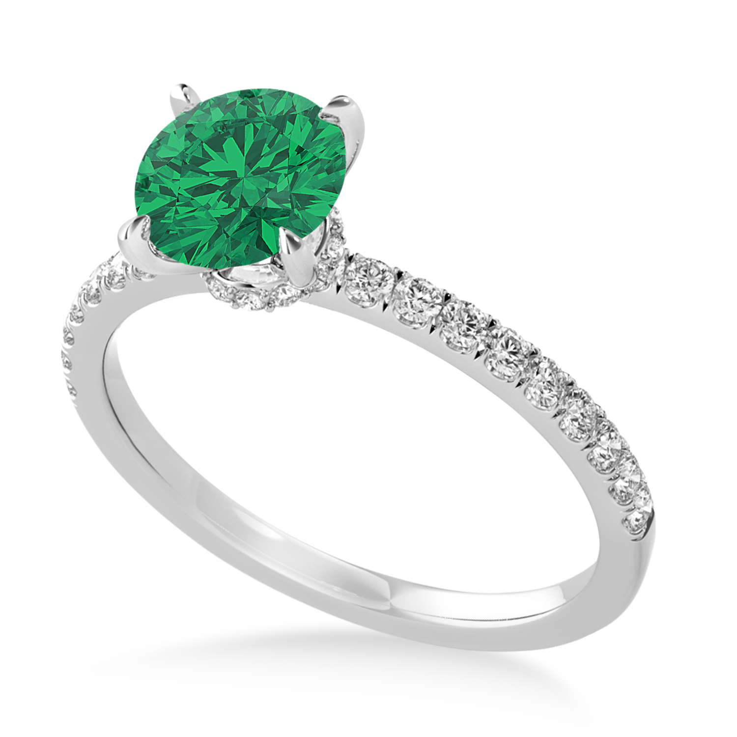 Round Emerald & Diamond Single Row Hidden Halo Engagement Ring Palladium (1.25ct)