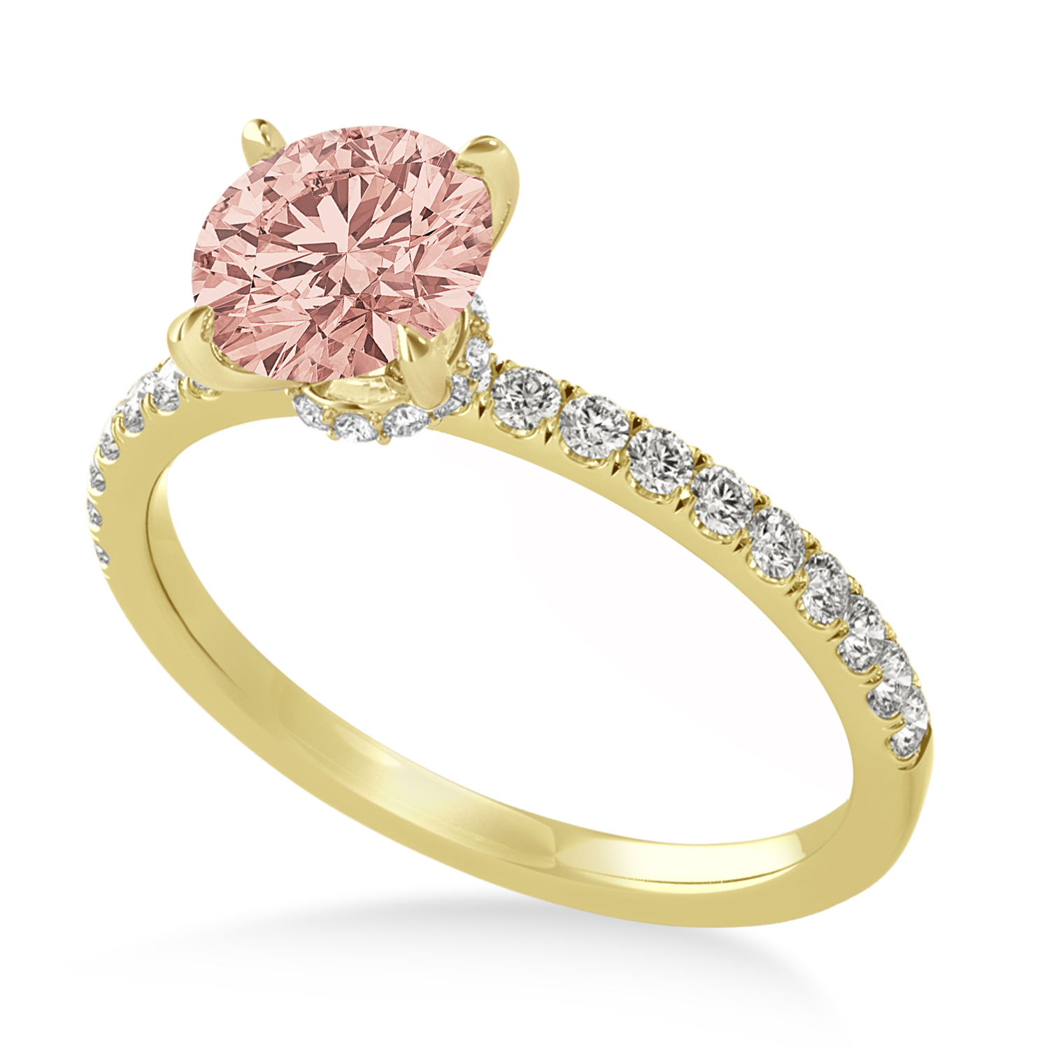Round Morganite & Diamond Single Row Hidden Halo Engagement Ring 14k Yellow Gold (1.25ct)