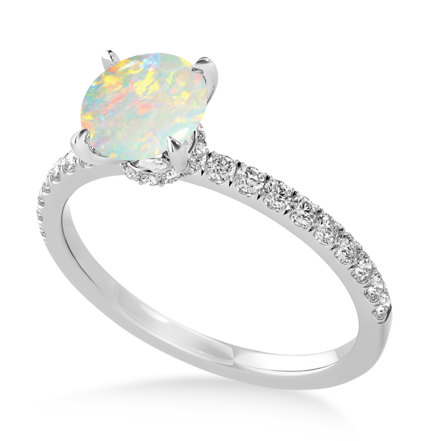 Round Opal & Diamond Single Row Hidden Halo Engagement Ring 18k White Gold (1.25ct)