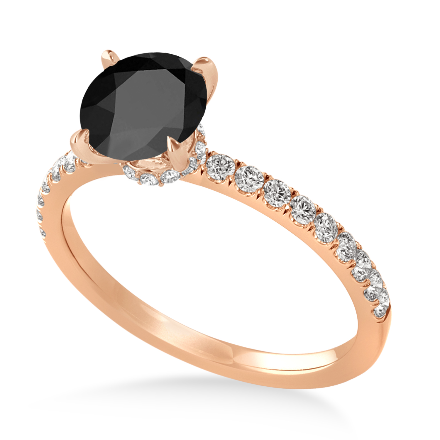 Round Onyx & Diamond Single Row Hidden Halo Engagement Ring 18k Rose Gold (1.25ct)