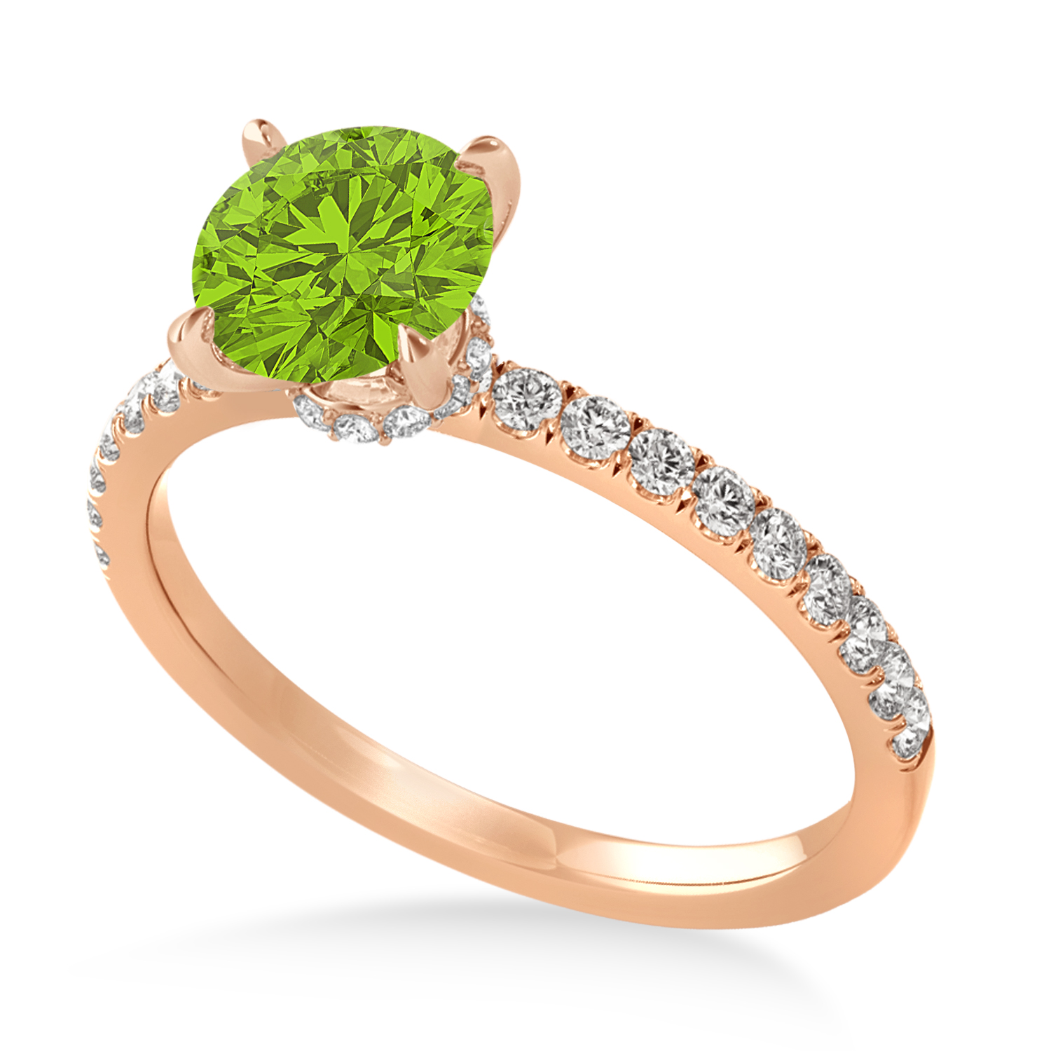 Round Peridot & Diamond Single Row Hidden Halo Engagement Ring 18k Rose Gold (1.25ct)