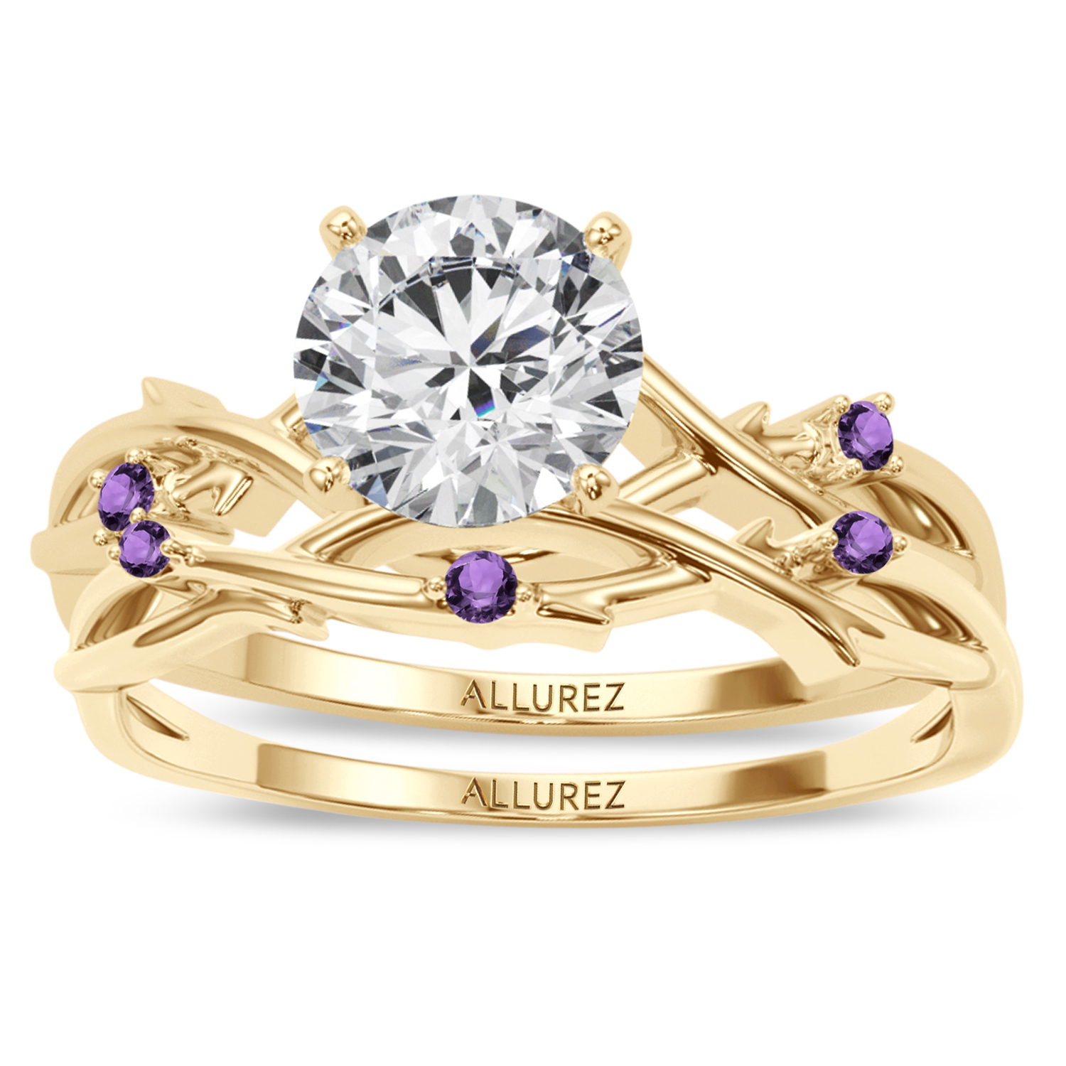Round Amethyst Vine Leaf Engagement Ring Bridal Set 18K Yellow Gold (0.05ct)