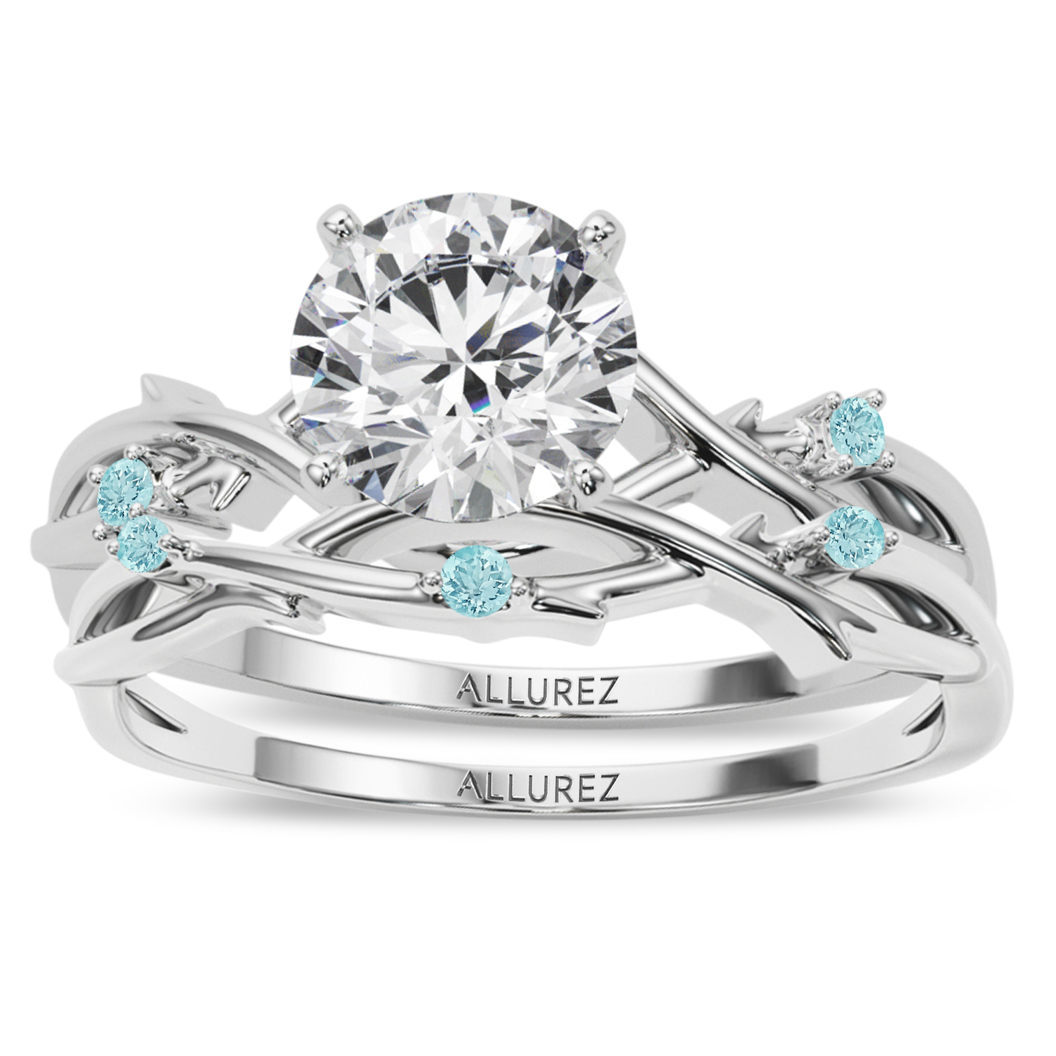 Round Aquamarine Vine Leaf Engagement Ring Bridal Set 14K White Gold (0.05ct)