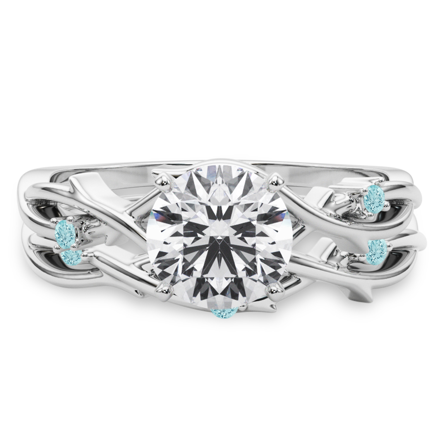 Round Aquamarine Vine Leaf Engagement Ring Bridal Set 14K White Gold (0.05ct)