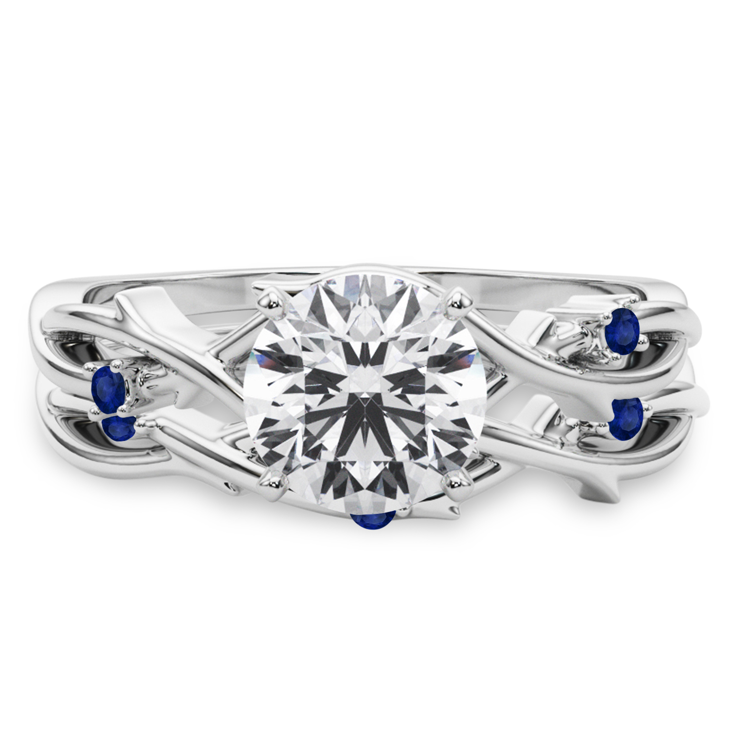 Round Blue Sapphire Vine Leaf Engagement Ring Bridal Set in Platinum (0.05ct)