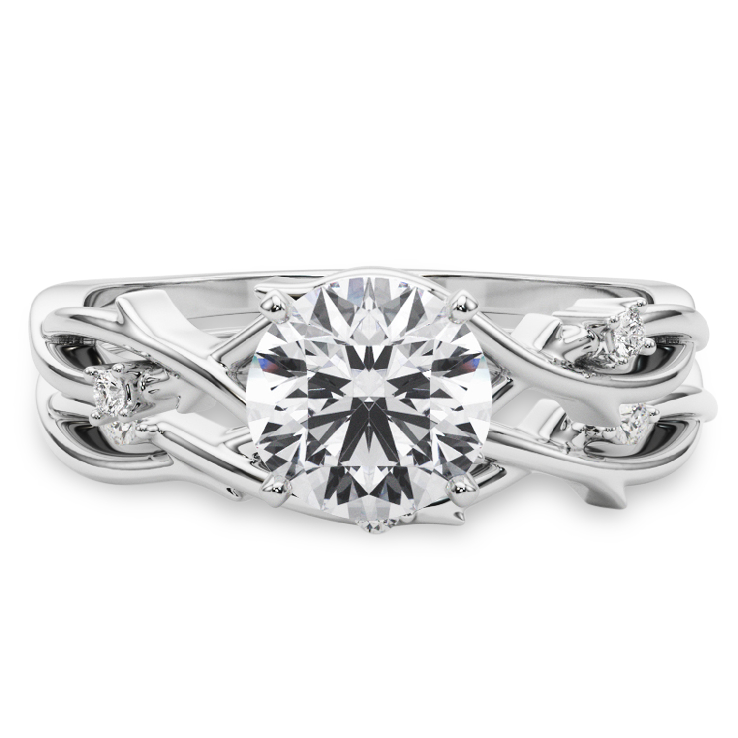 Round Lab Grown Diamond Vine Leaf Engagement Ring Bridal Set 14K White Gold (0.05ct)