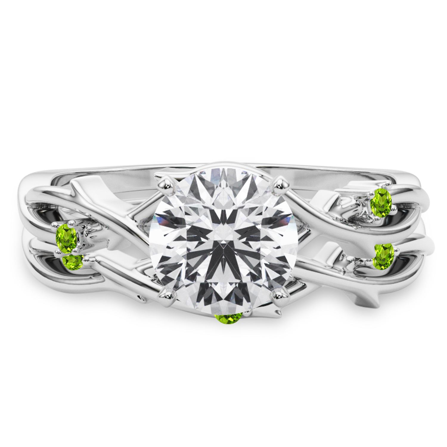 Round Peridot Vine Leaf Engagement Ring Bridal Set 14K White Gold (0.05ct)