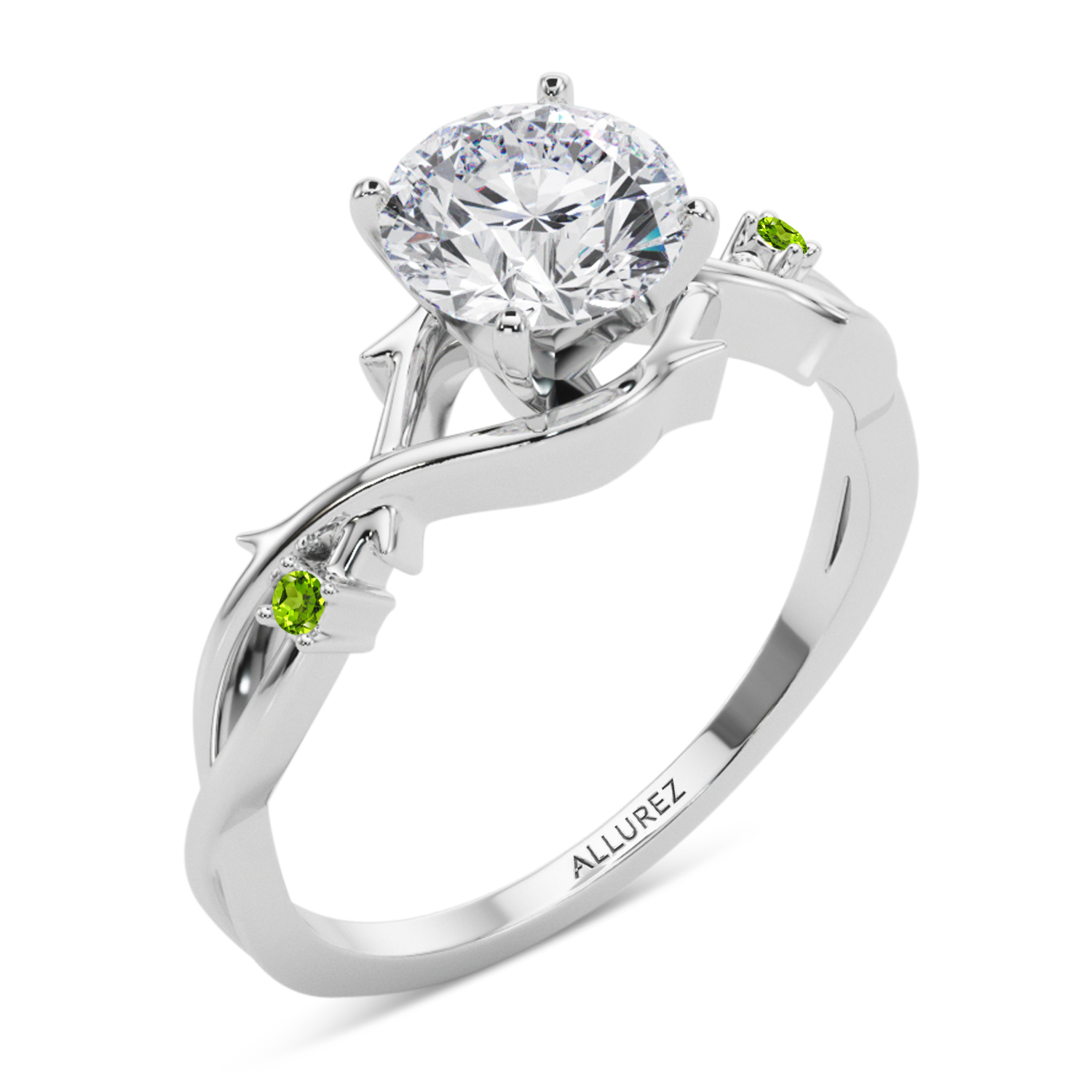 Round Peridot Vine Leaf Engagement Ring Bridal Set 14K White Gold (0.05ct)