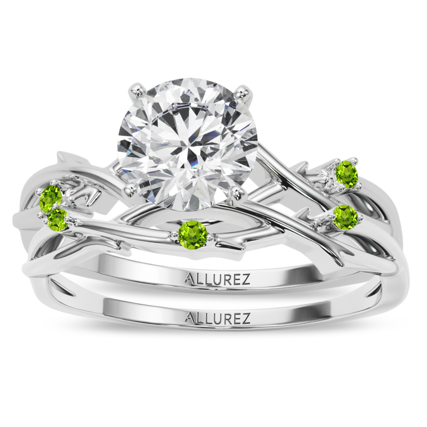 Round Peridot Vine Leaf Engagement Ring Bridal Set in Palladium (0.05ct)