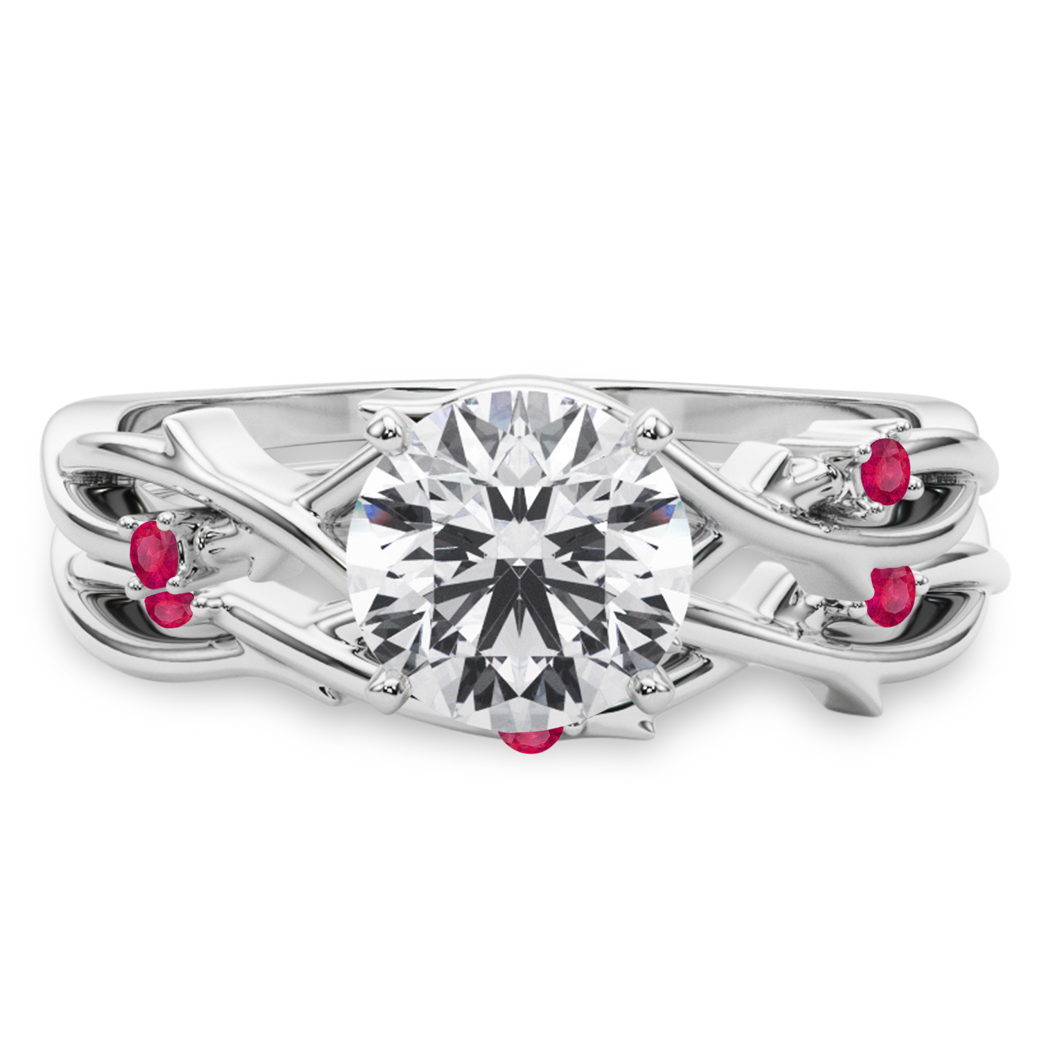 Round Ruby Vine Leaf Engagement Ring Bridal Set in Platinum (0.05ct)