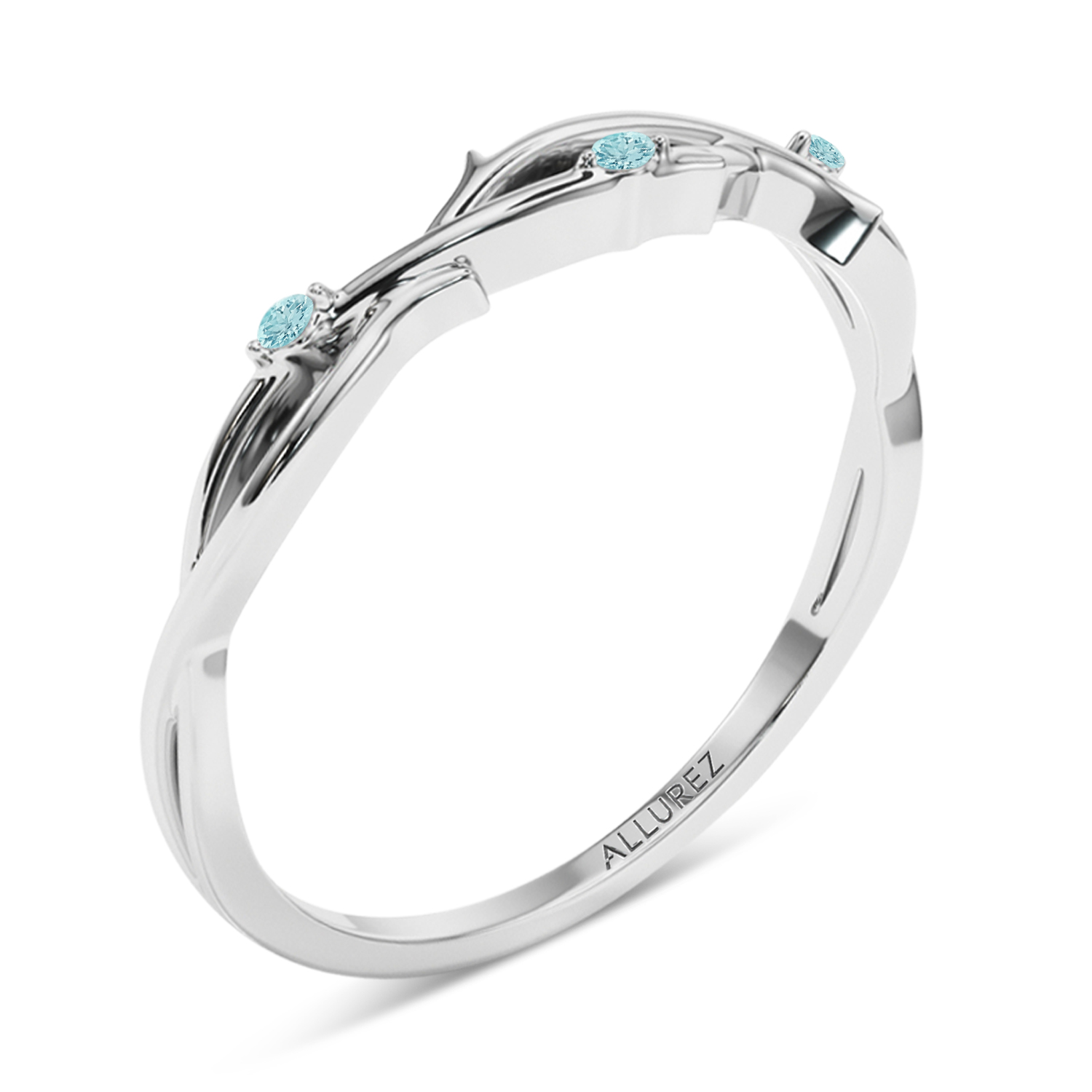 Round Aquamarine Vine Leaf Ring Wedding Band 14K White Gold (0.03ct)