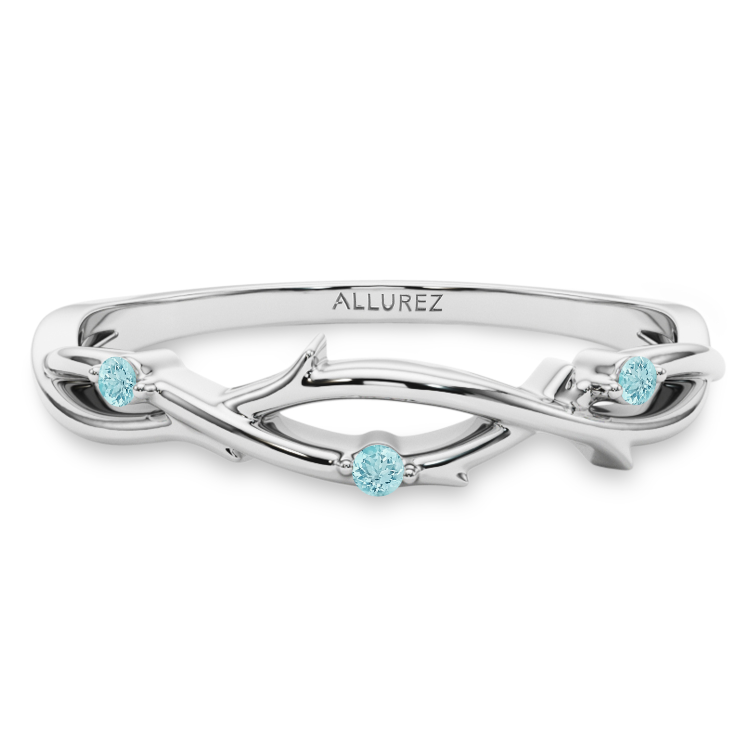 Round Aquamarine Vine Leaf Ring Wedding Band 14K White Gold (0.03ct)