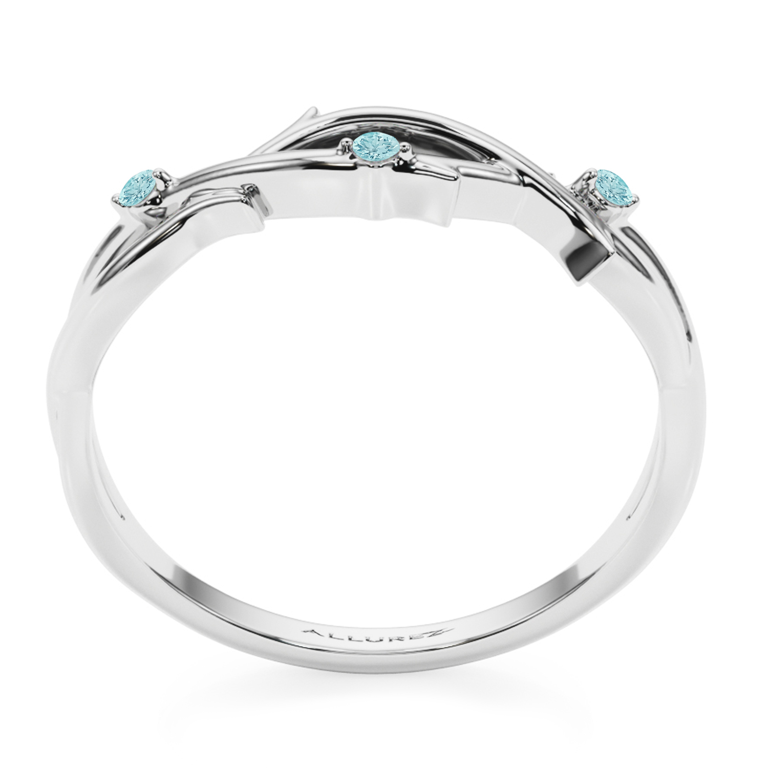 Round Aquamarine Vine Leaf Ring Wedding Band 14K White Gold (0.03ct)