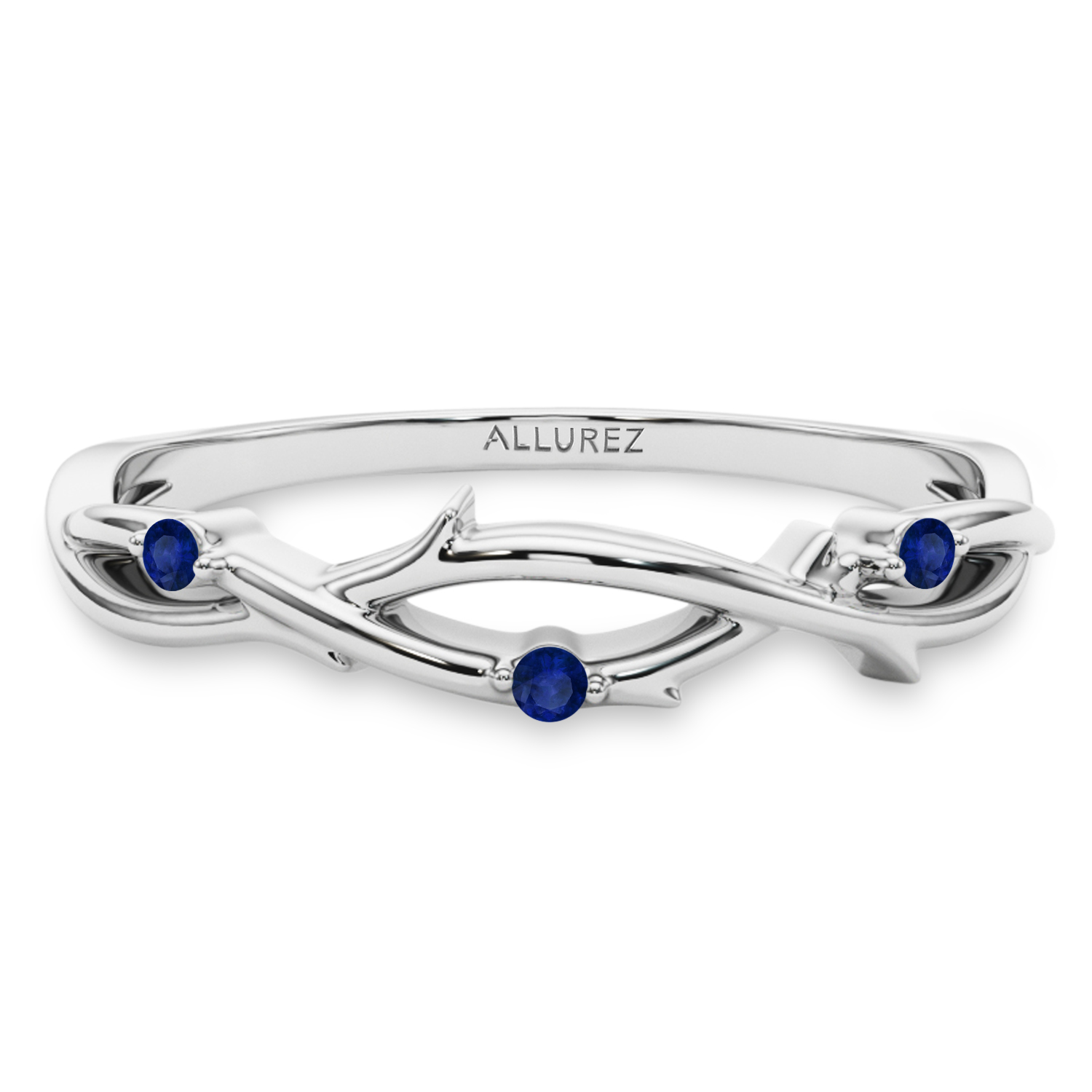 Round Blue Sapphire Vine Leaf Ring Wedding Band in Palladium (0.03ct)