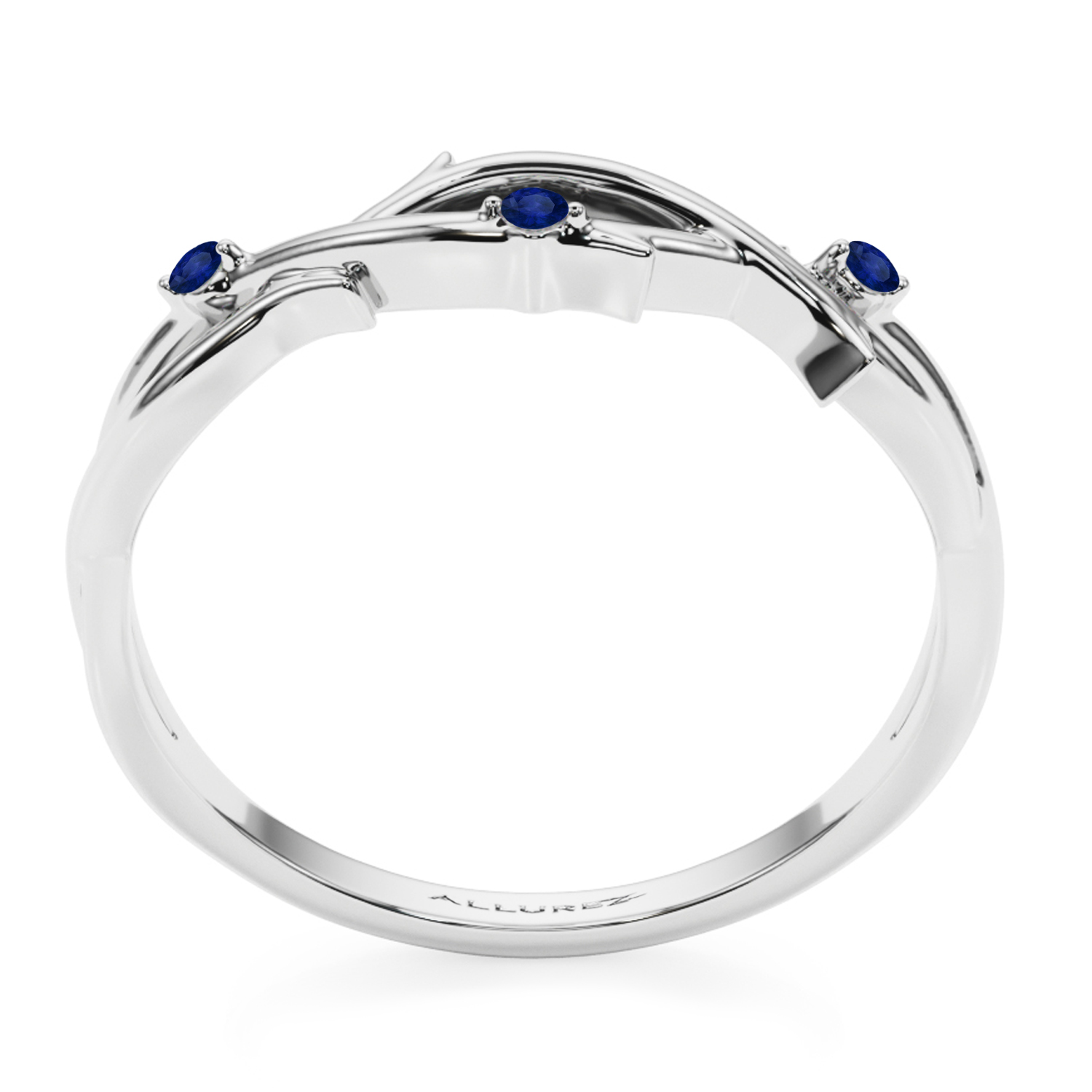 Round Blue Sapphire Vine Leaf Ring Wedding Band in Palladium (0.03ct)