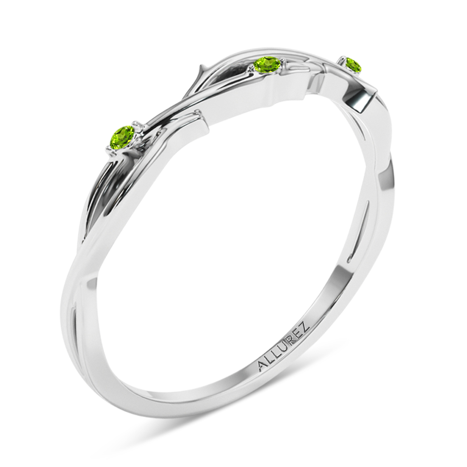 Round Peridot Vine Leaf Ring Wedding Band 14K White Gold (0.03ct)