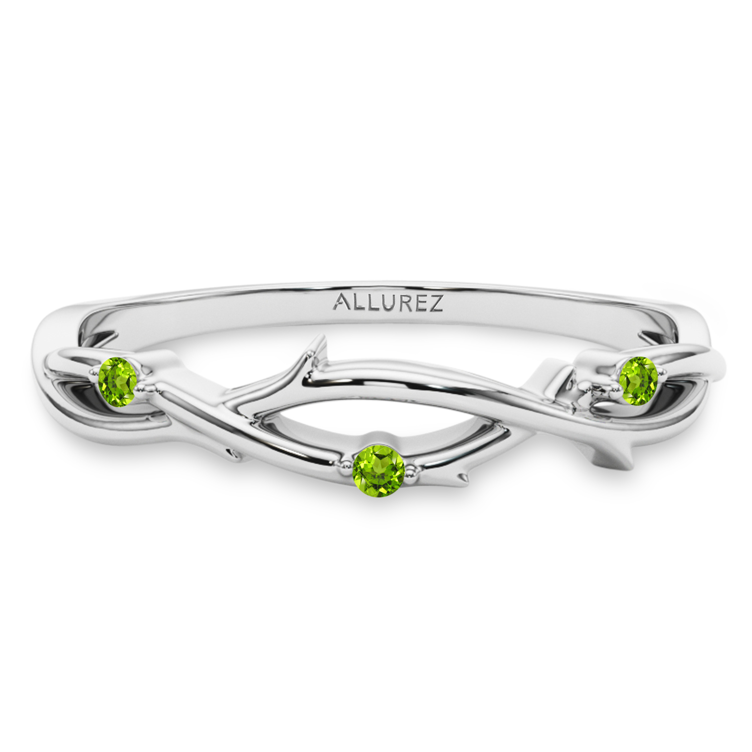 Round Peridot Vine Leaf Ring Wedding Band 14K White Gold (0.03ct)