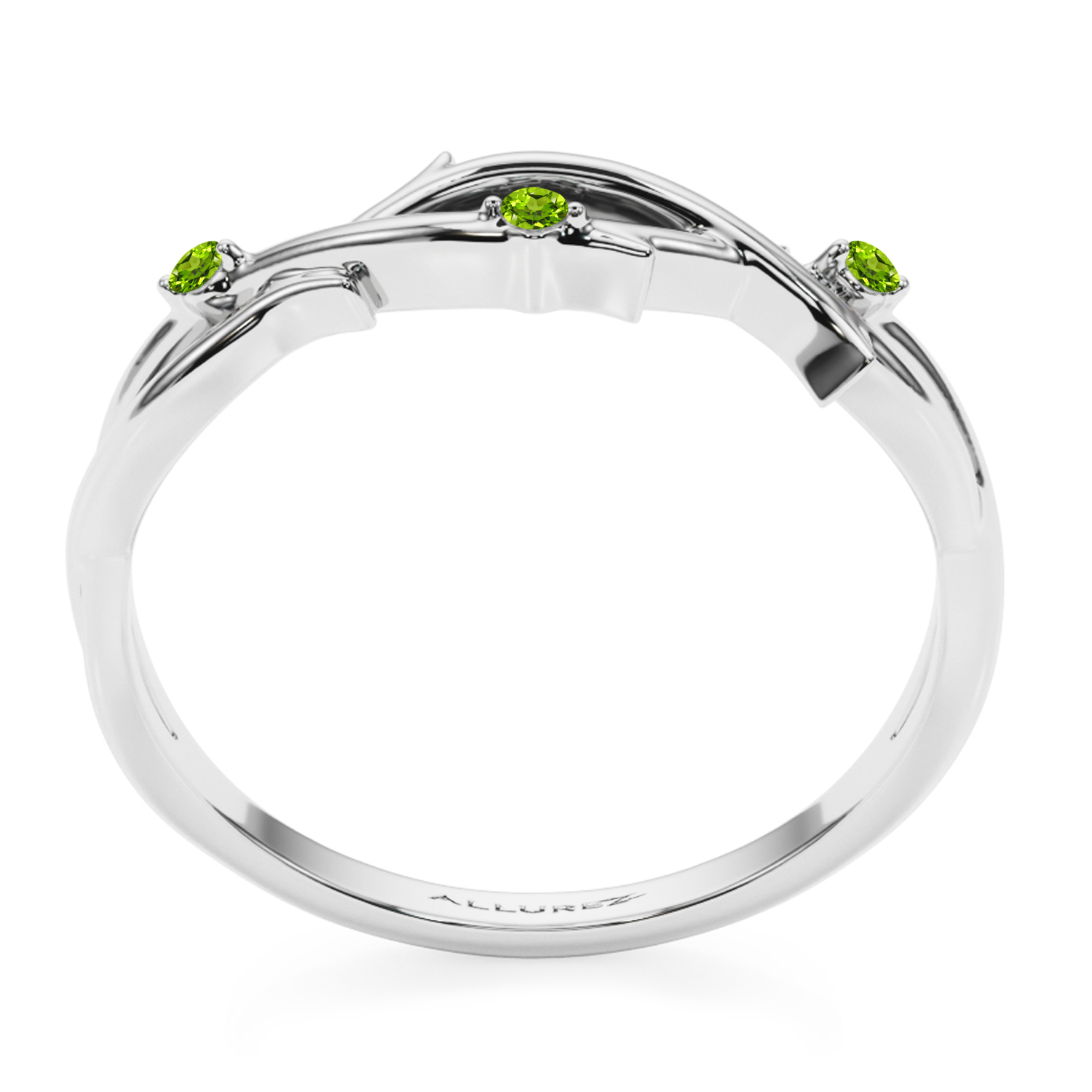 Round Peridot Vine Leaf Ring Wedding Band 14K White Gold (0.03ct)