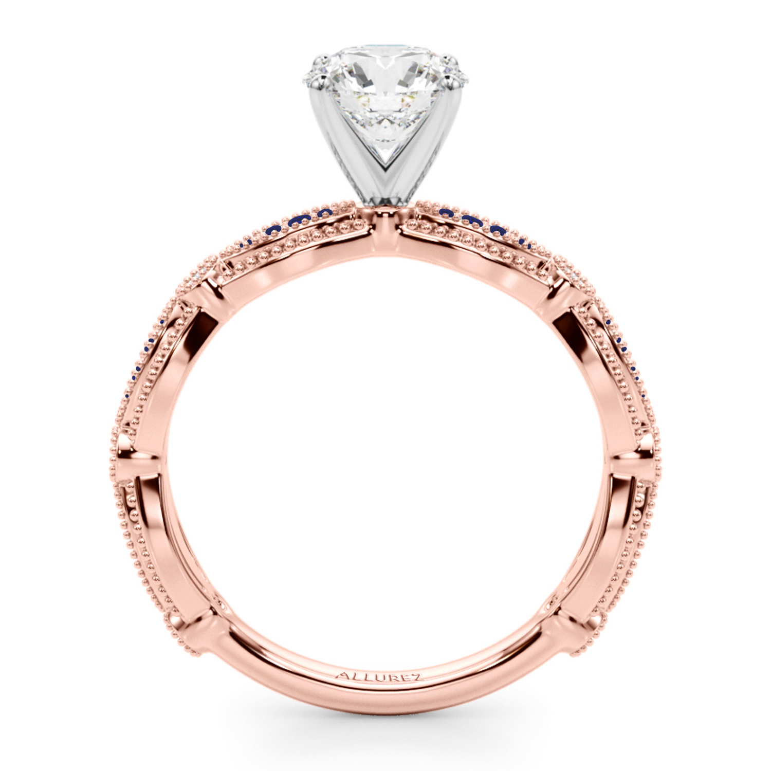 Antique Style Lab Blue Sapphire & Lab Grown Diamond Engagement Ring 14K Rose Gold (0.20ct)