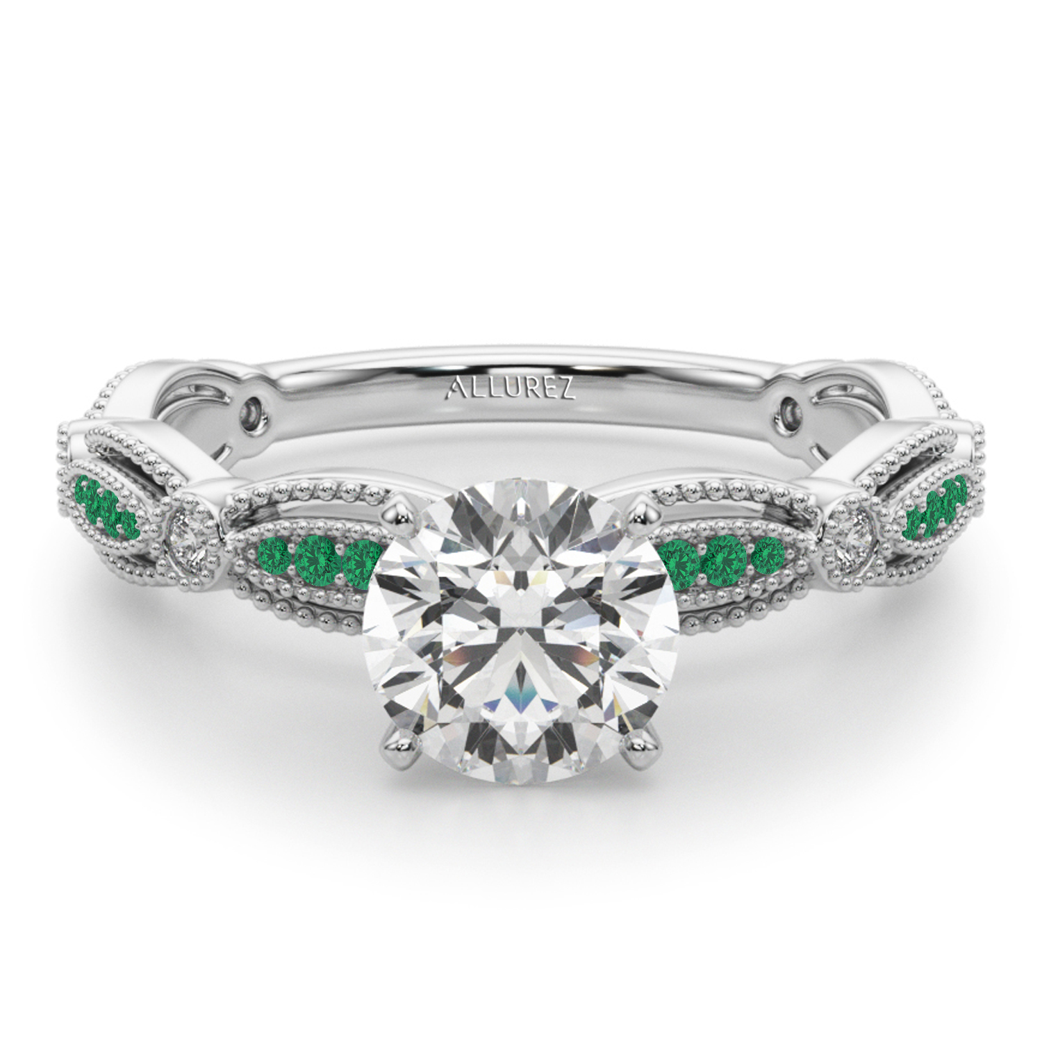 Antique Style Emerald & Diamond Engagement Ring 14K White Gold (0.20ct)