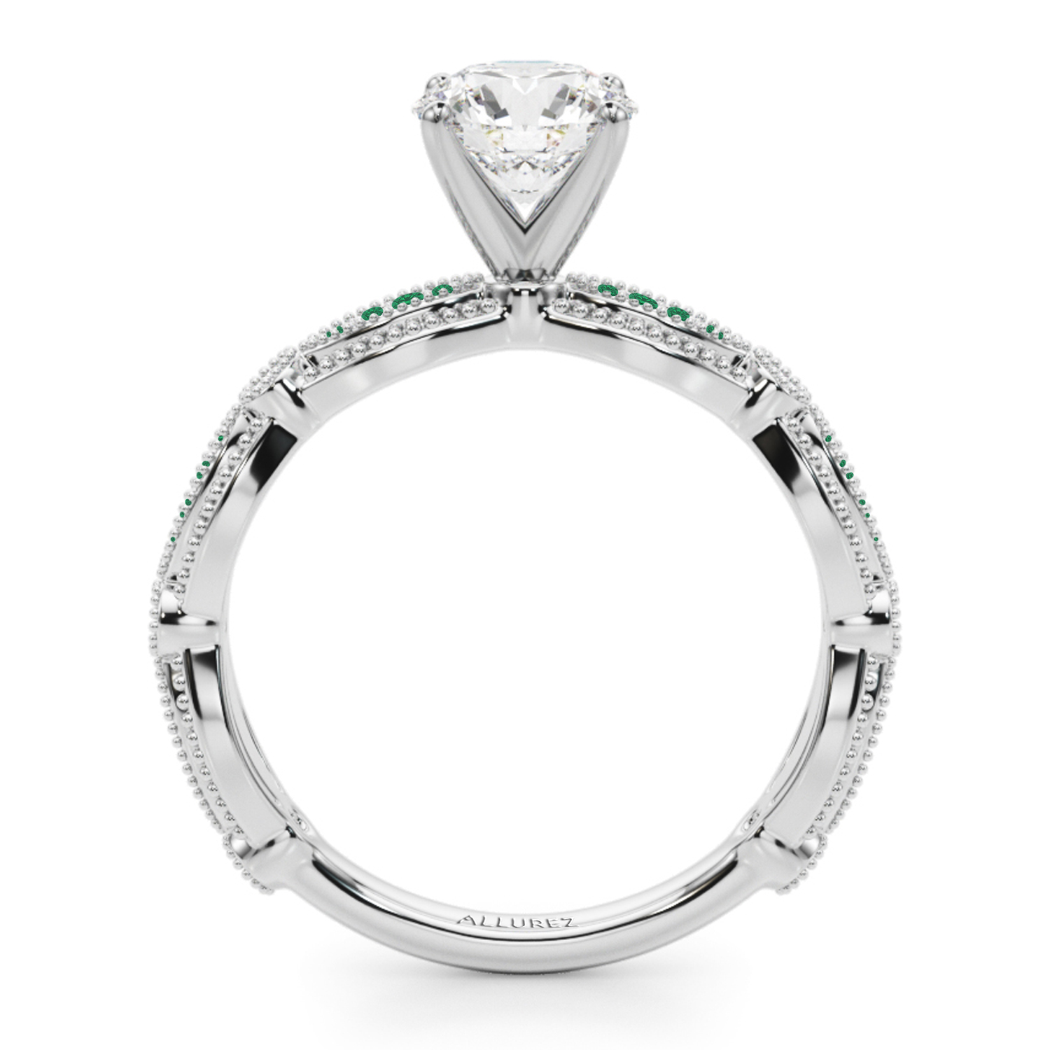 Antique Style Emerald & Diamond Engagement Ring 14K White Gold (0.20ct)
