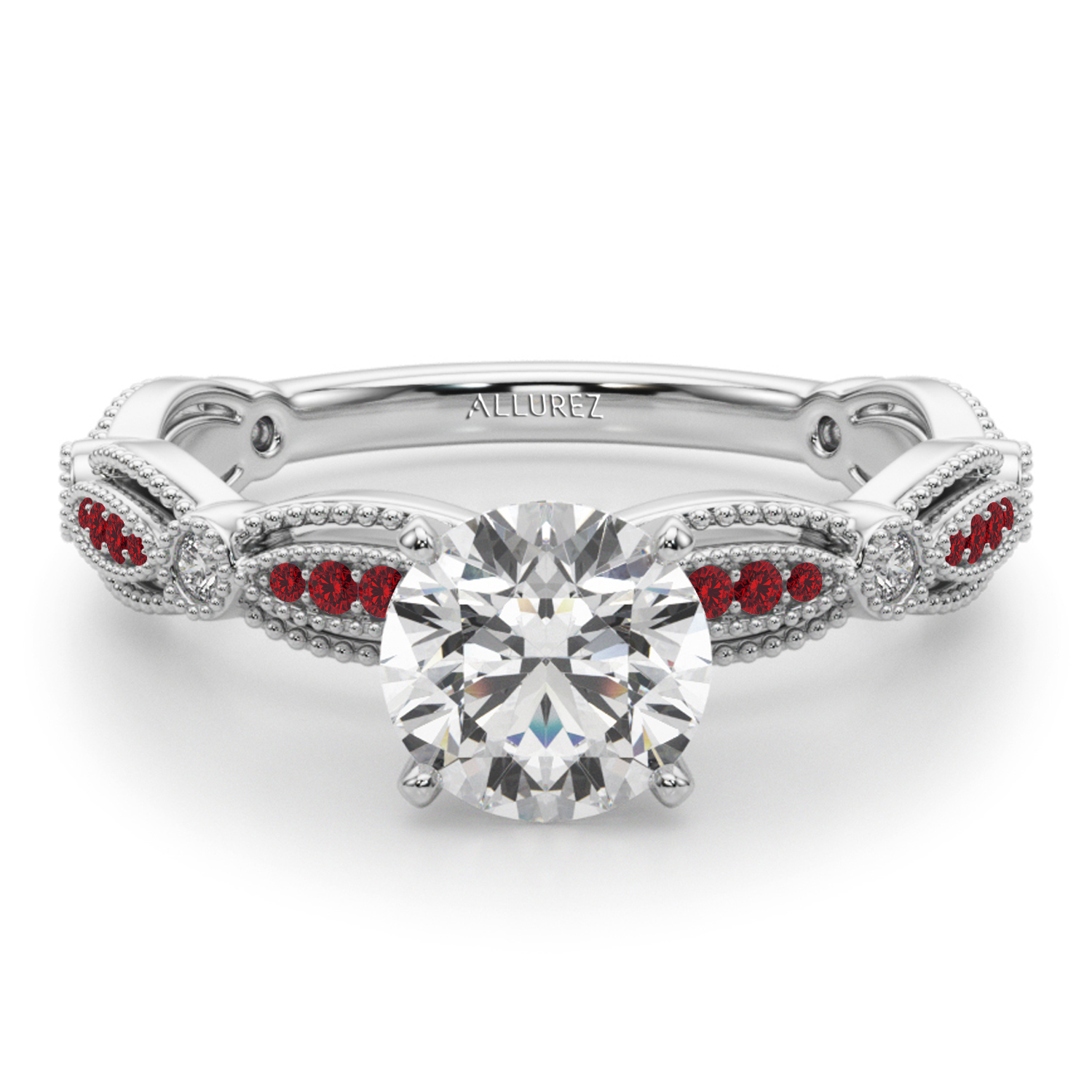 Antique Style Lab Ruby & Lab Grown Diamond Engagement Ring 18K White ...