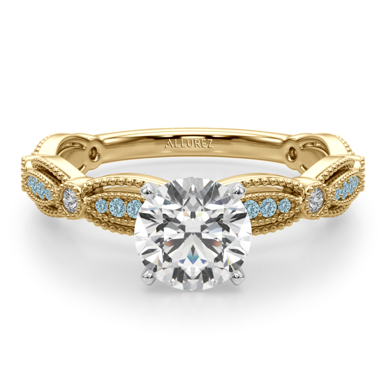 Antique Style Aquamarine & Diamond Engagement Ring 18K Yellow Gold (0.20ct)