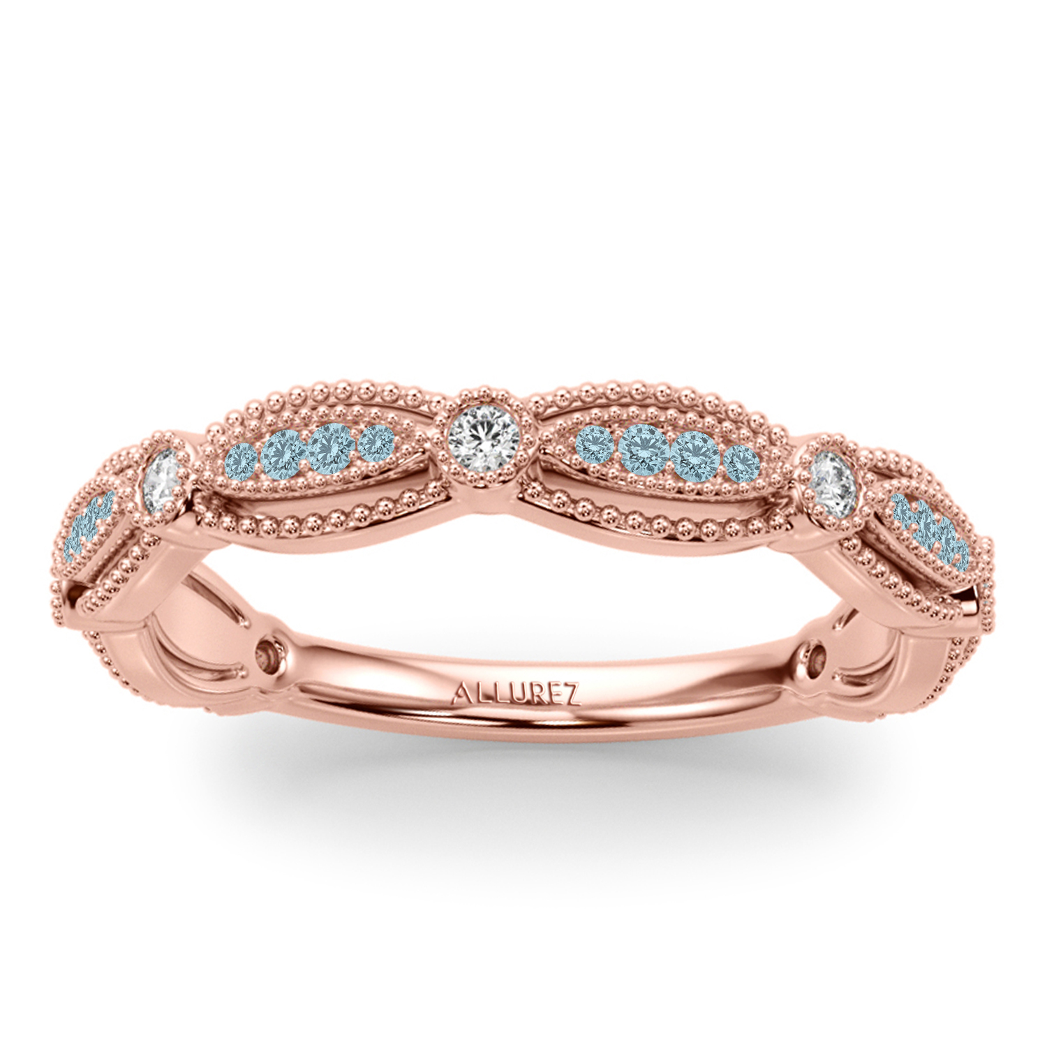 Antique Style Aquamarine & Diamond Bridal Ring Set 14K Rose Gold (0.40ct)