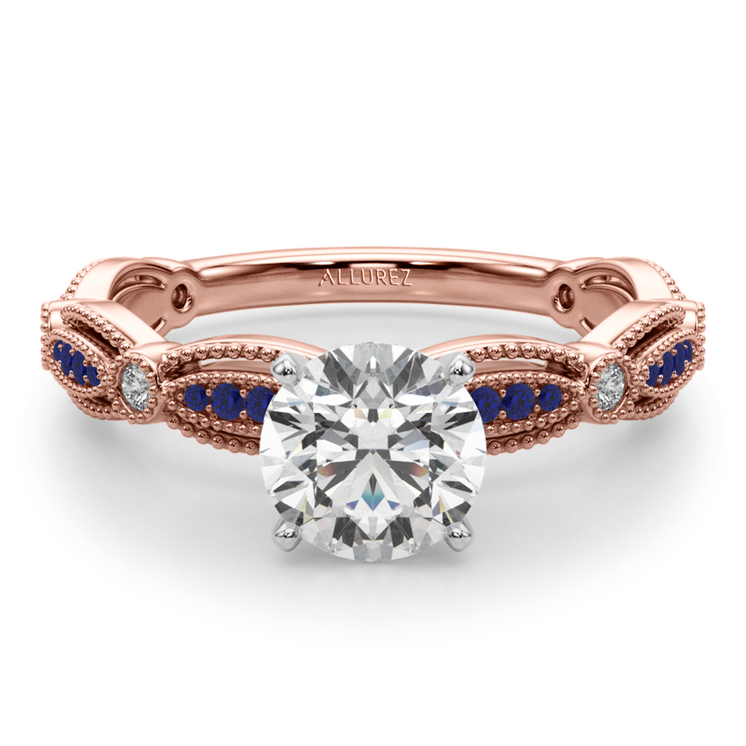 Antique Style Lab Blue Sapphire & Lab Grown Diamond Bridal Ring Set 14K Rose Gold (0.40ct)