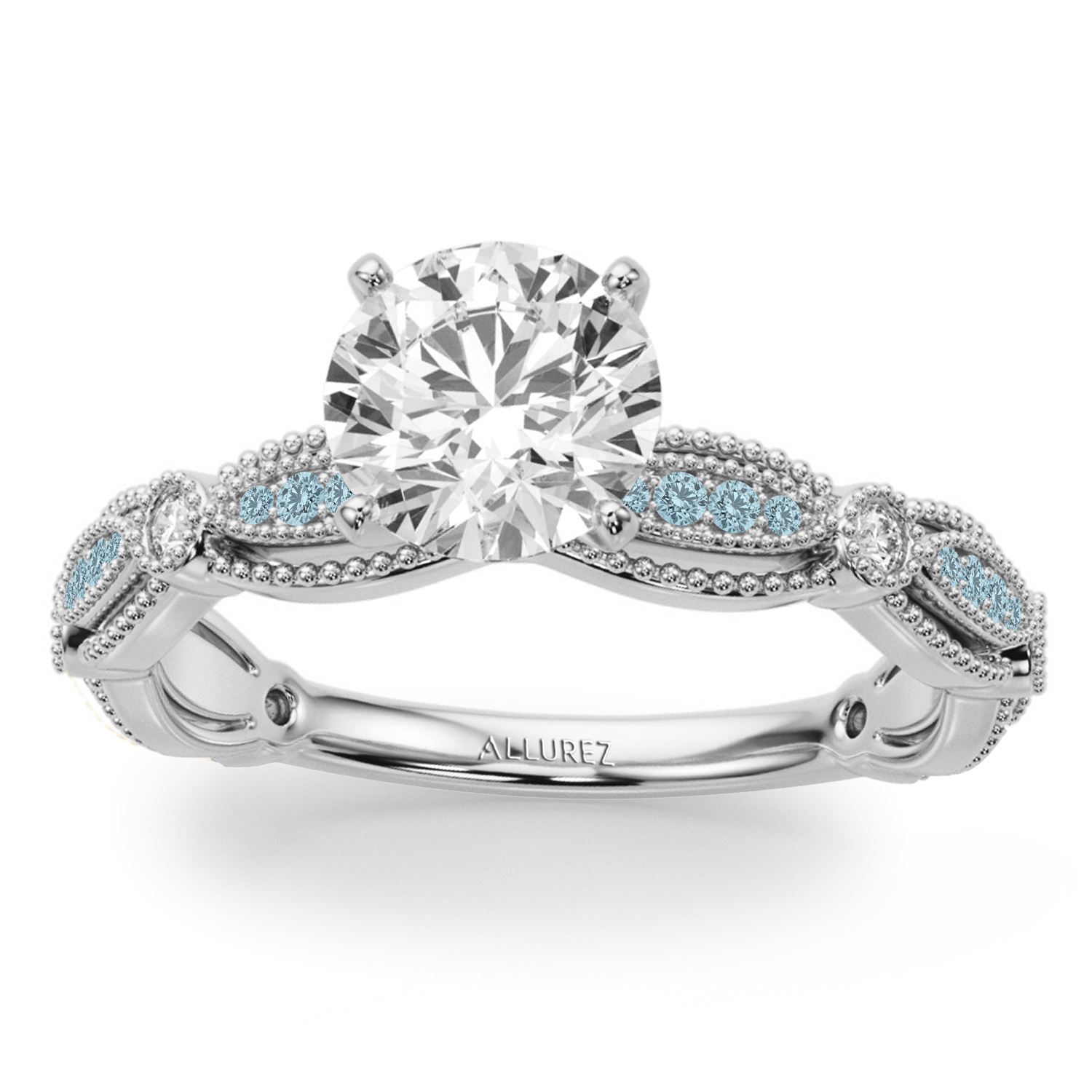 Antique Style Aquamarine & Diamond Bridal Ring Set 14K White Gold (0.40ct)