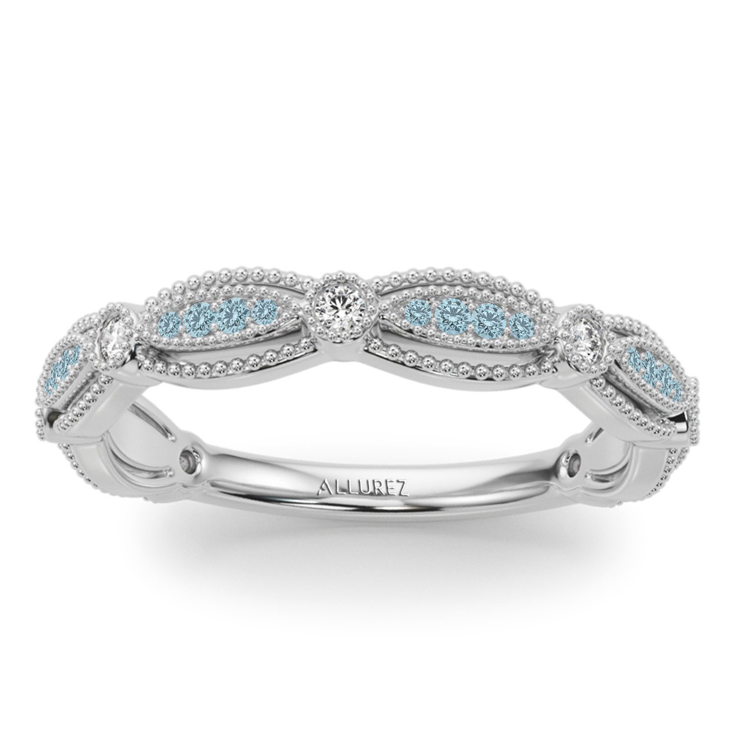 Antique Style Aquamarine & Diamond Bridal Ring Set 14K White Gold (0.40ct)