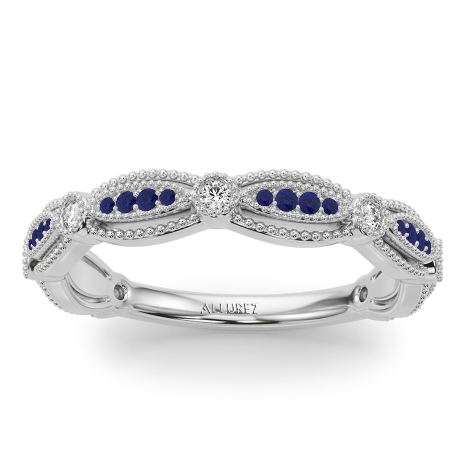 Antique Style Lab Blue Sapphire & Lab Grown Diamond Bridal Ring Set 14K White Gold (0.40ct)