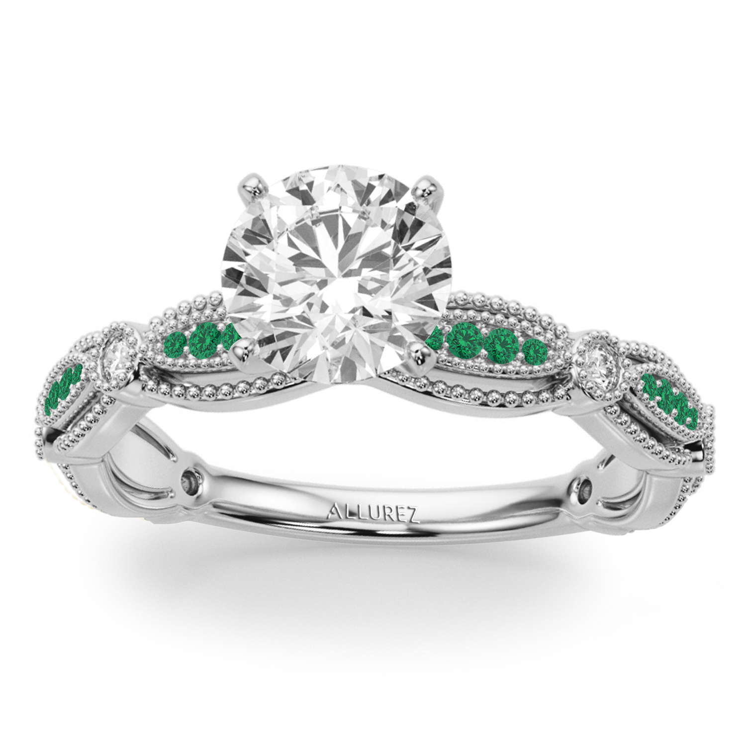 Antique Style Emerald & Diamond Bridal Ring Set 14K White Gold (0.40ct)