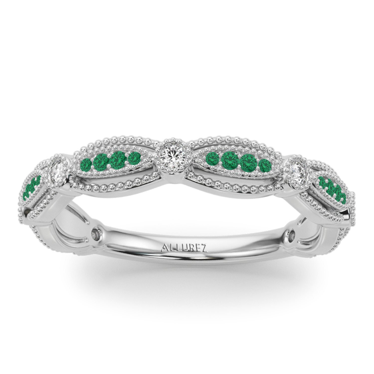 Antique Style Emerald & Diamond Bridal Ring Set 14K White Gold (0.40ct)