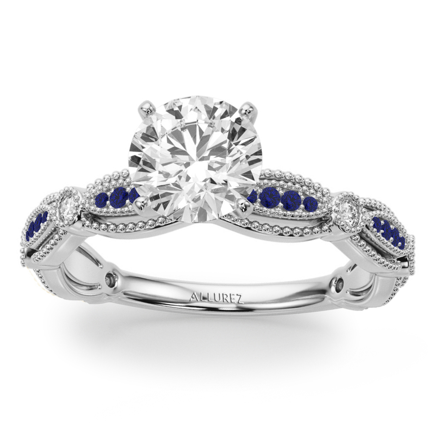 Antique Style Lab Blue Sapphire & Lab Grown Diamond Bridal Ring Set 18K White Gold (0.40ct)