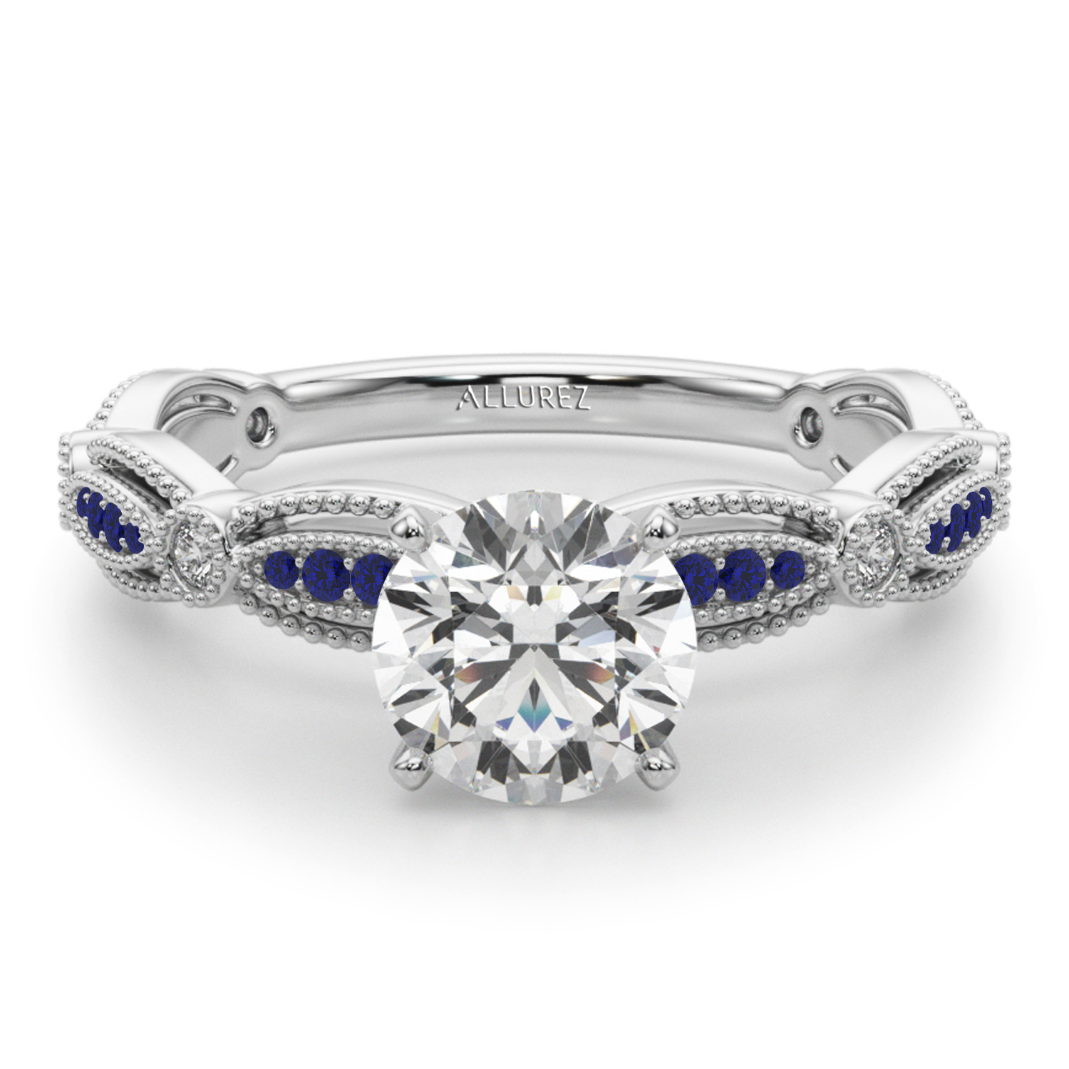 Antique Style Blue Sapphire & Diamond Bridal Ring Set in Palladium (0.40ct)