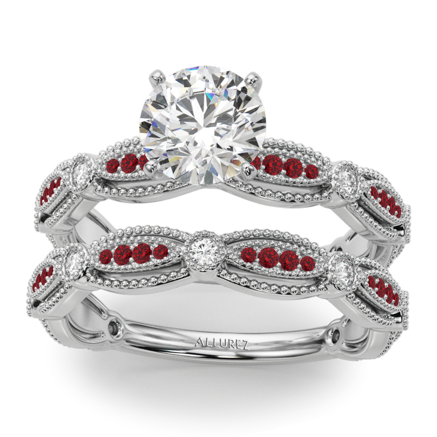 Antique Style Ruby & Diamond Bridal Ring Set in Platinum (0.40ct)