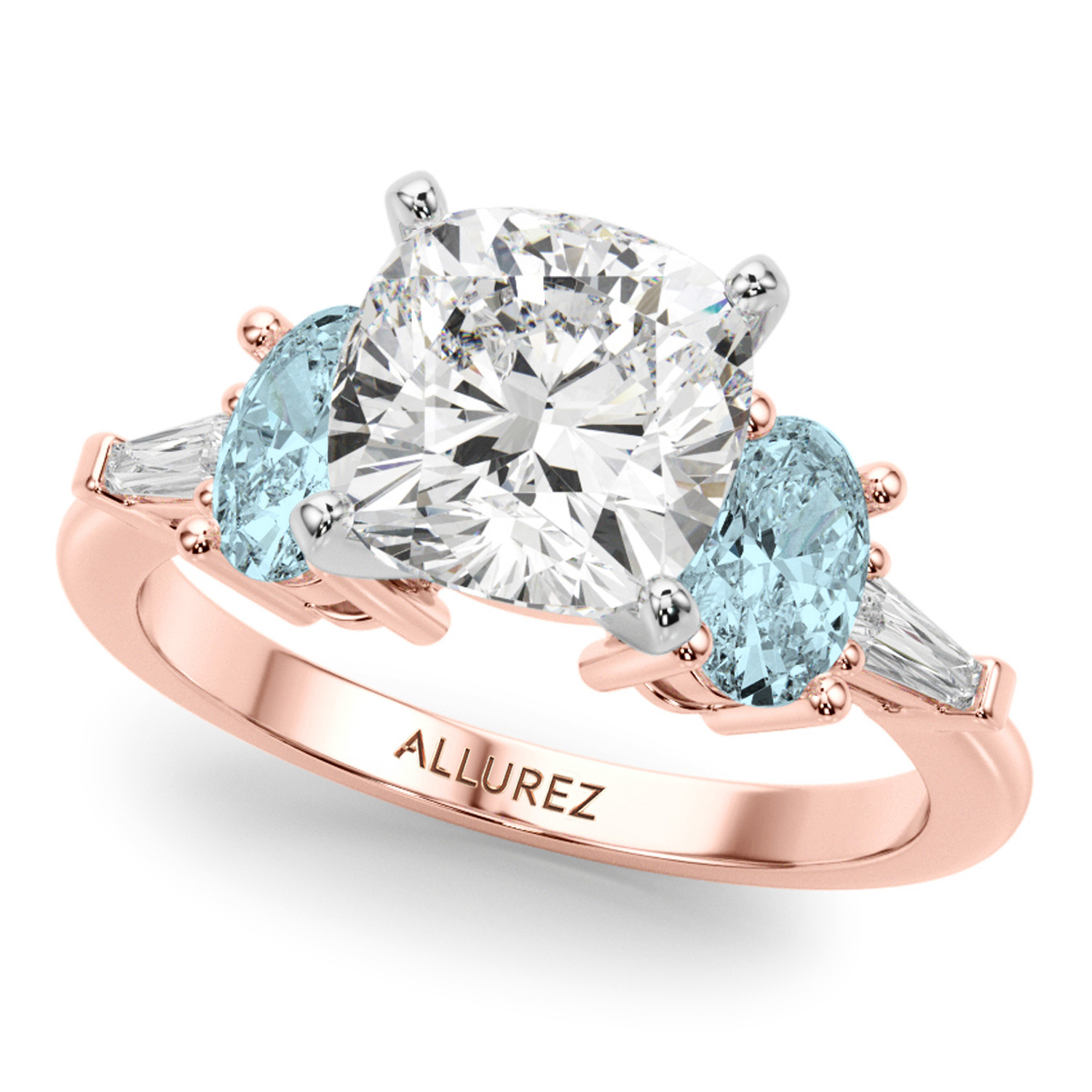 Cushion Cut Lab Grown Diamond & Oval Aquamarine Engagement Ring 14K Rose Gold (3.98ct)