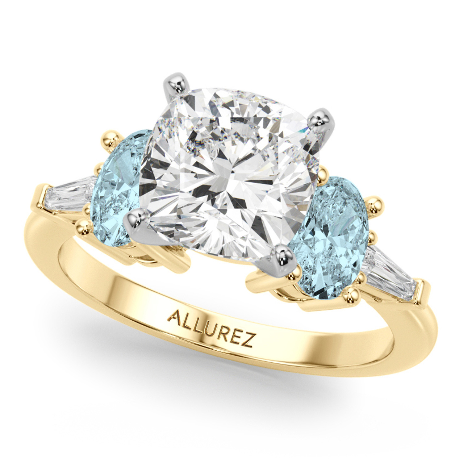 Cushion Cut Lab Grown Diamond & Oval Aquamarine Engagement Ring 14K Yellow Gold (3.98ct)