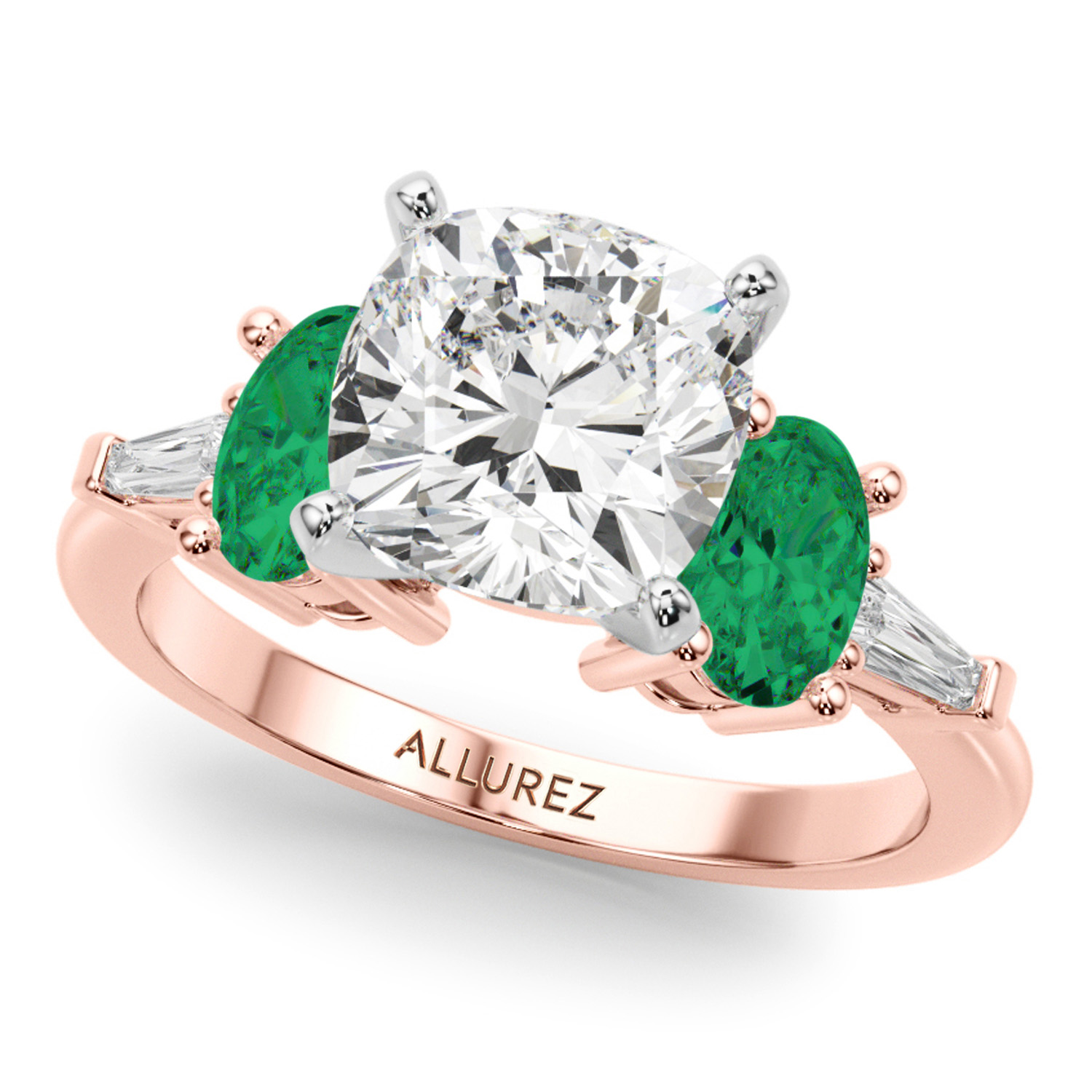 Cushion Cut Lab Grown Diamond & Oval Emerald Engagement Ring 18K Rose Gold (3.98ct)